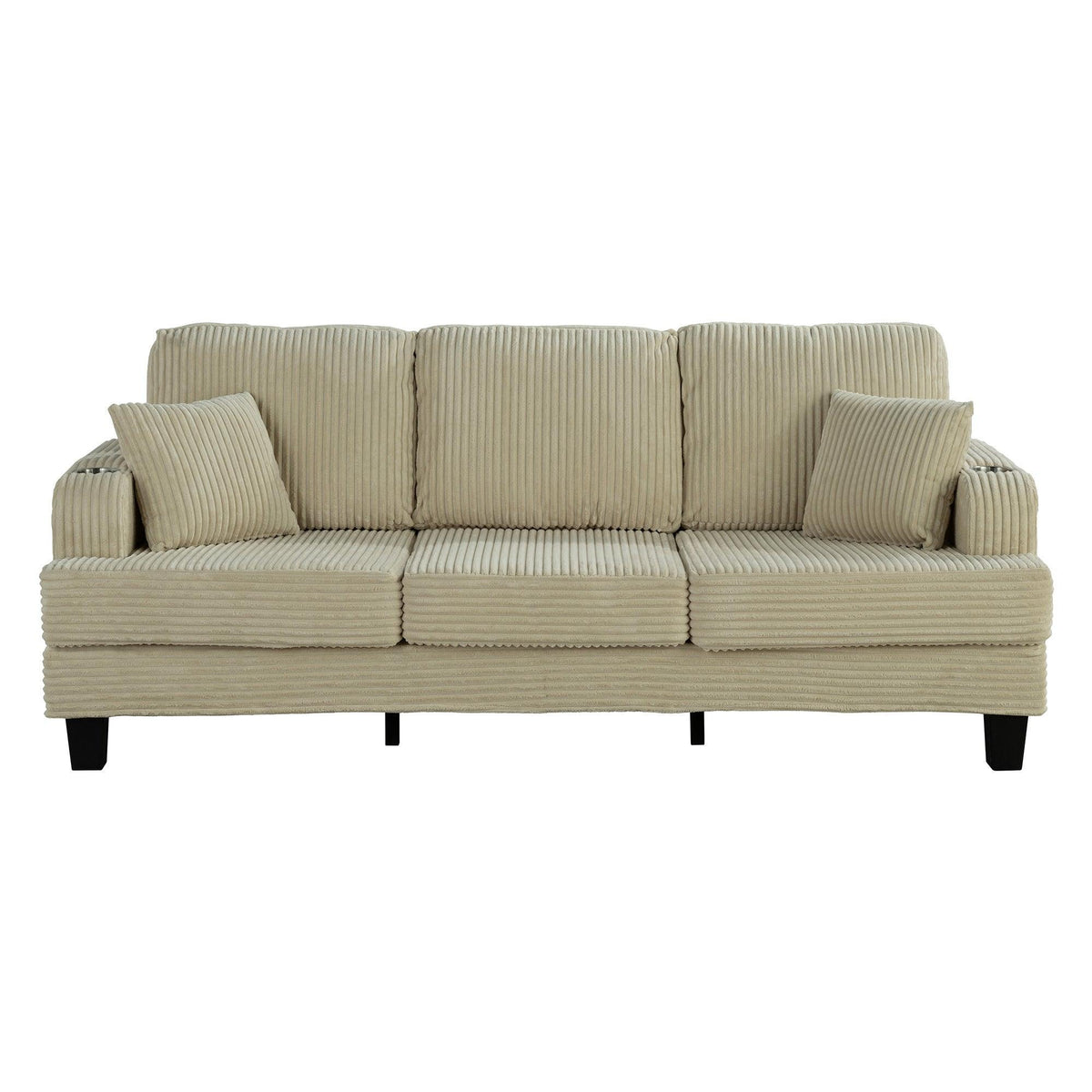 Beige corduroy 3-seater sofa with vertical stripe upholstery and matching throw pillows