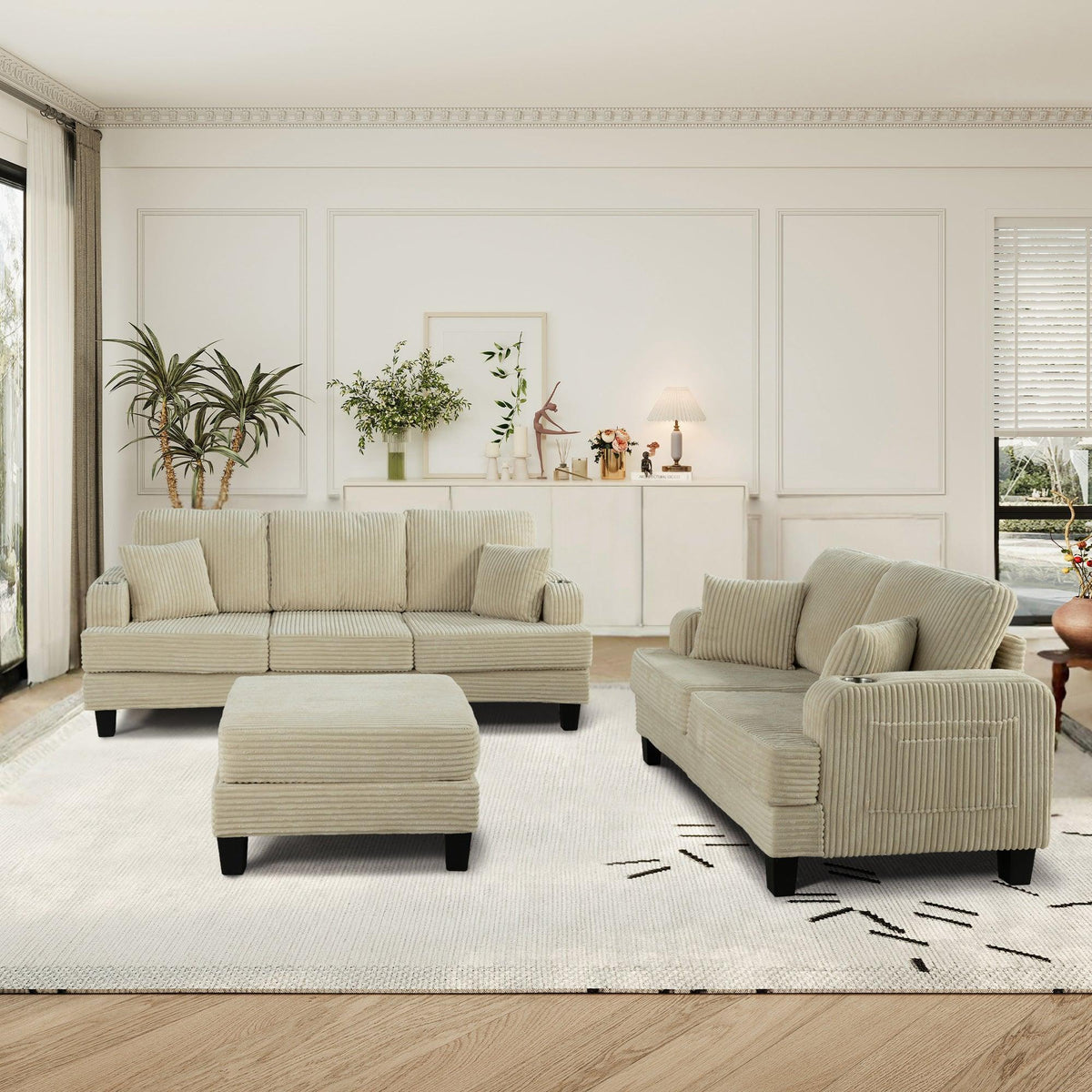 Beige corduroy 3-seater sofa set with loveseat and storage ottoman