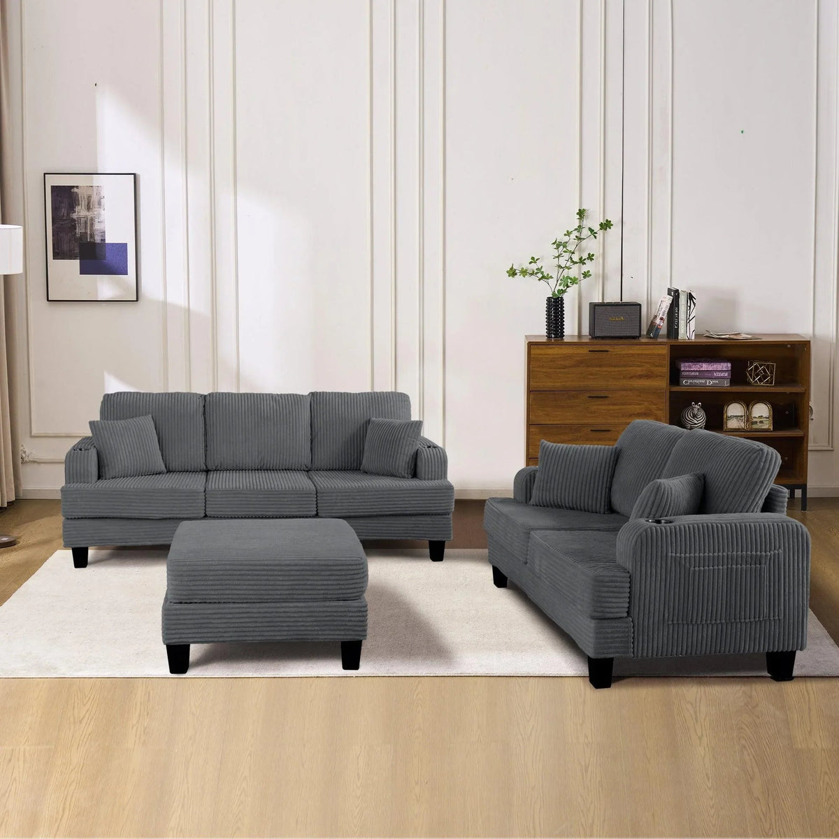 Dark gray 3-seater sofa with storage ottoman and matching loveseat set