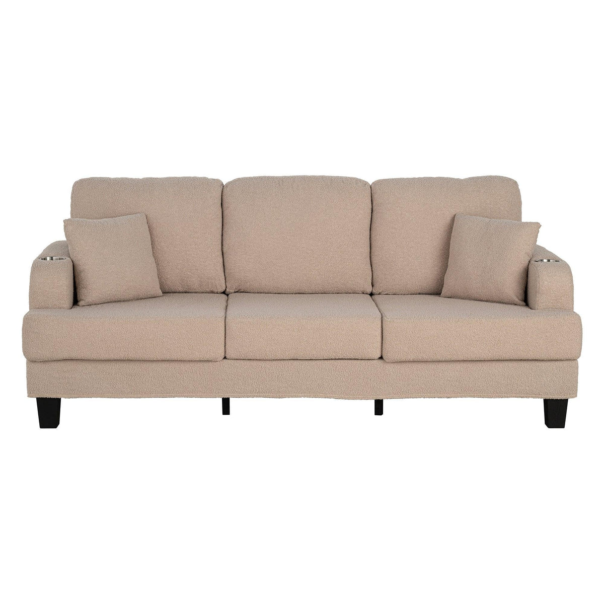 Beige three-seat sofa with five back cushions and dark legs