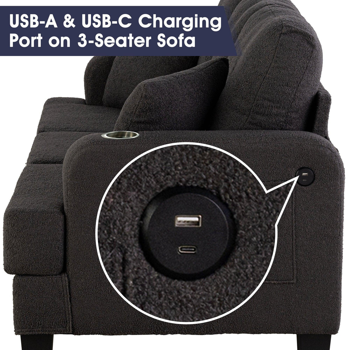 Dark gray sofa arm with built-in USB-A and USB-C charging port