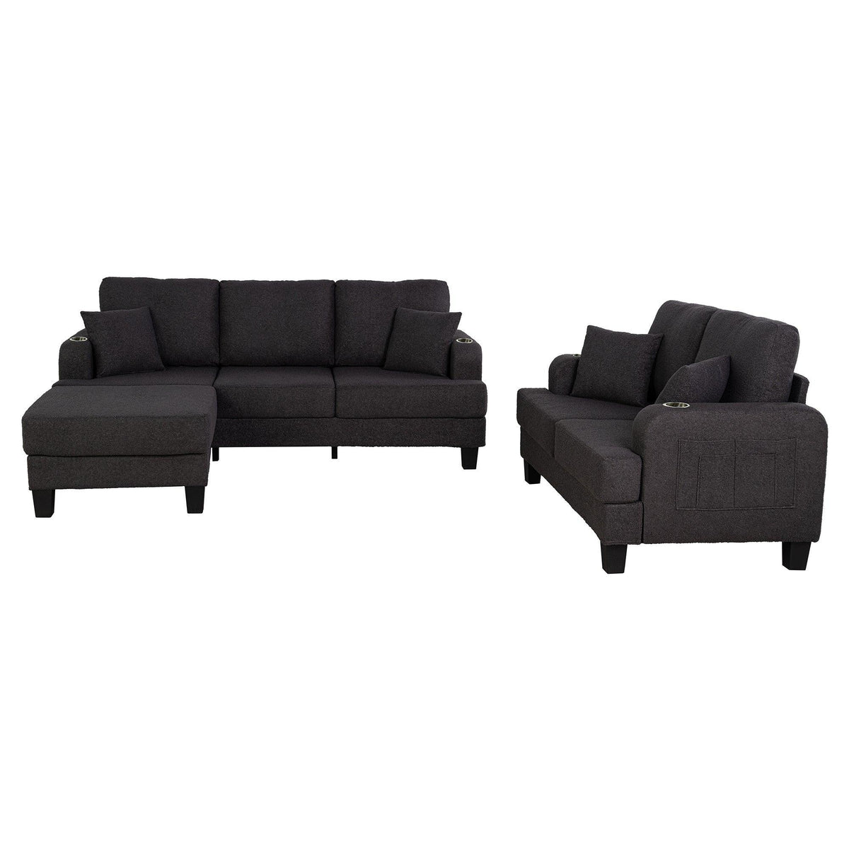 Dark gray 3-seater sofa and matching loveseat set with storage ottoman