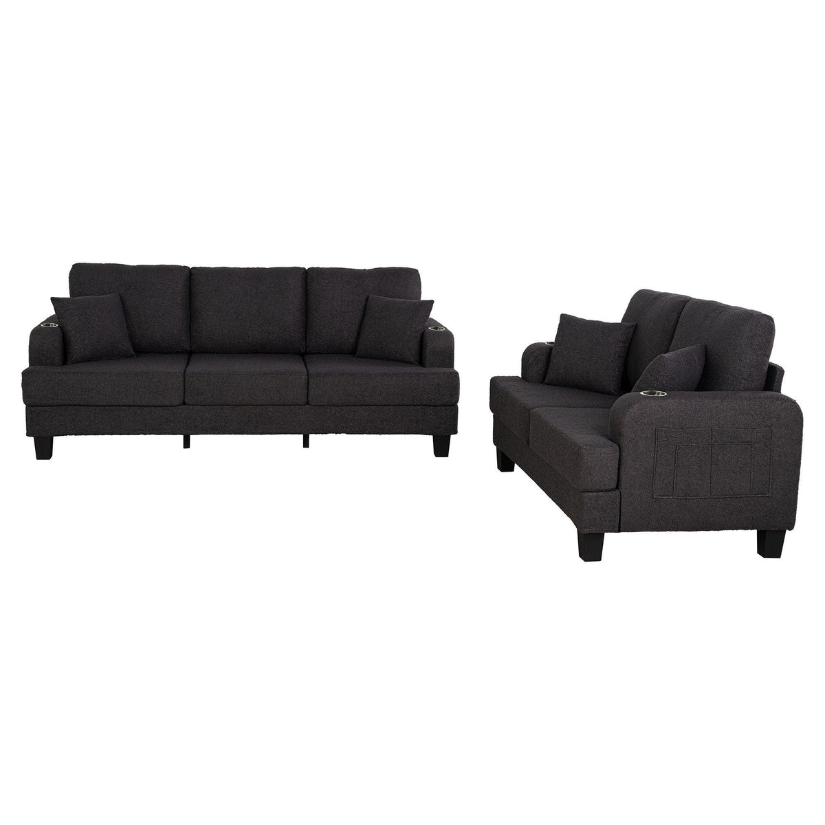 Dark gray sofa and loveseat set with matching armchairs and storage ottoman