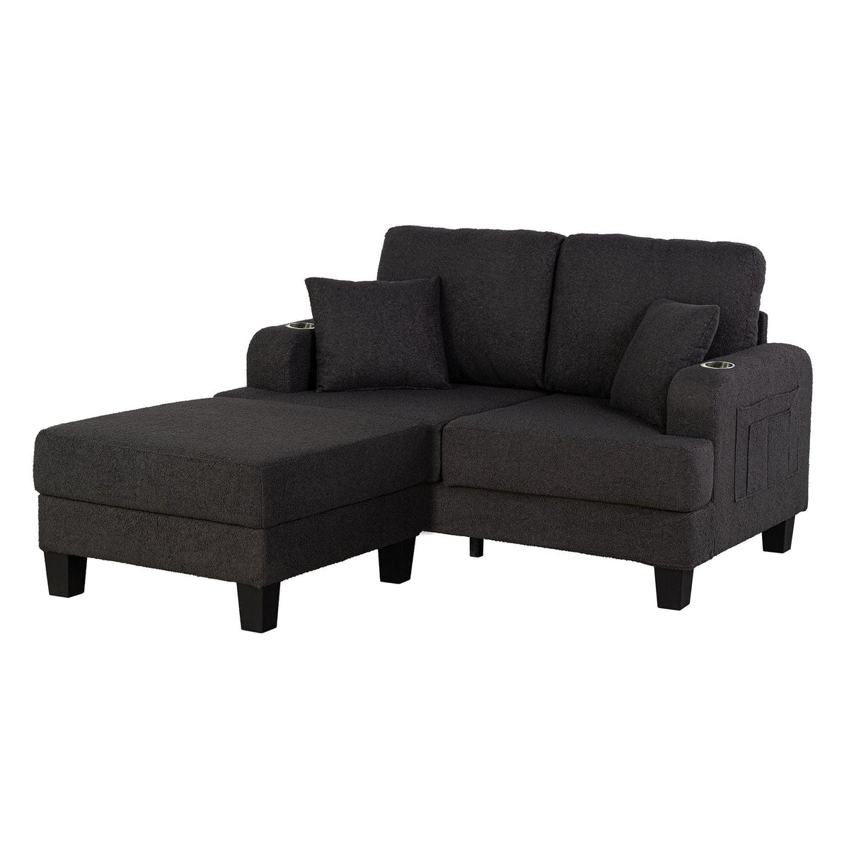 Dark gray L-shaped sofa with chaise-style storage ottoman extension and side cushions