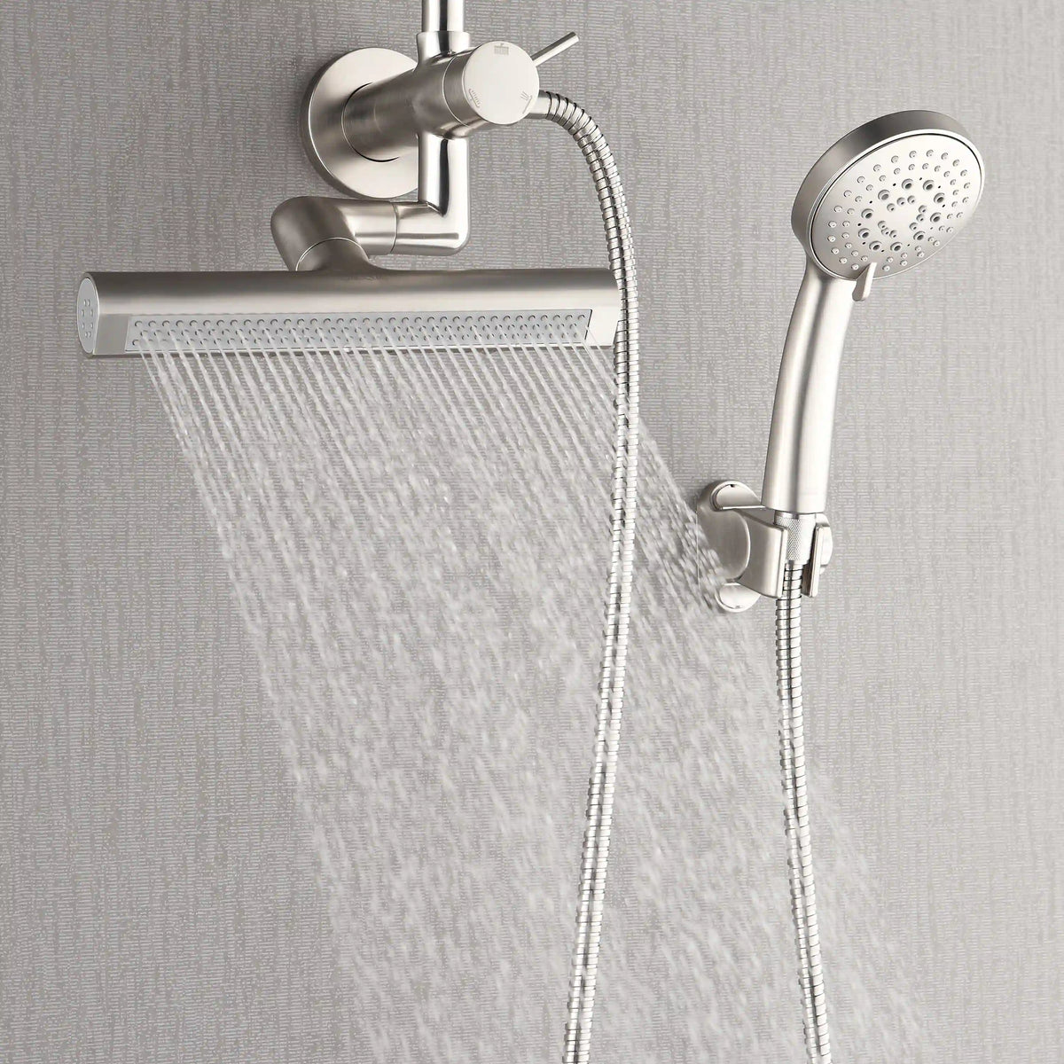 Brushed nickel overhead shower with handheld spray head and flexible hose