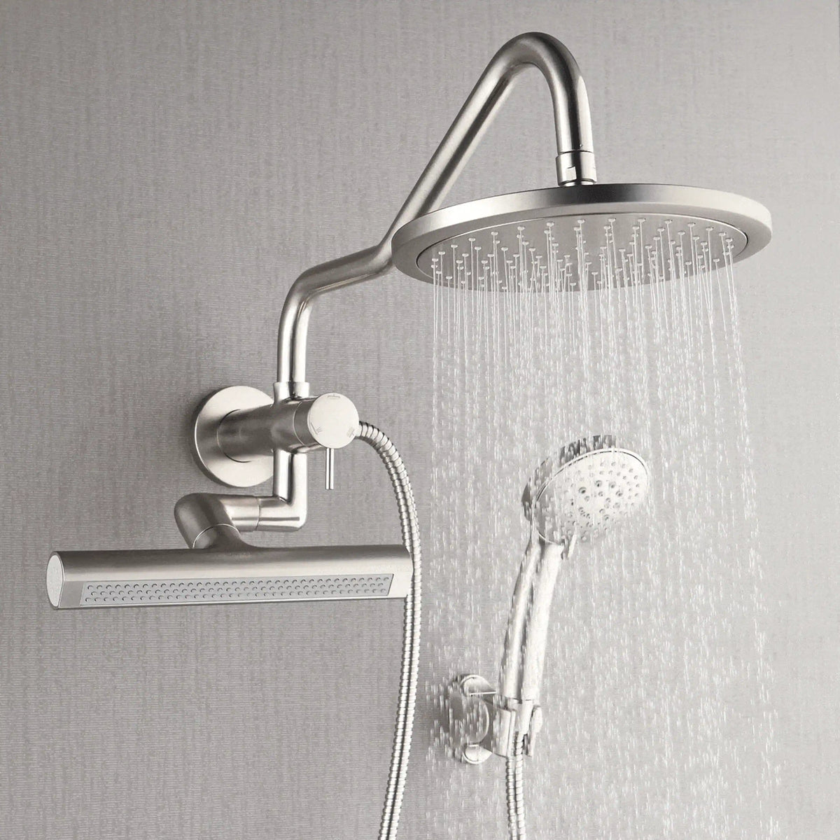 Brushed nickel 8-inch rainfall shower head with handheld spray and hose