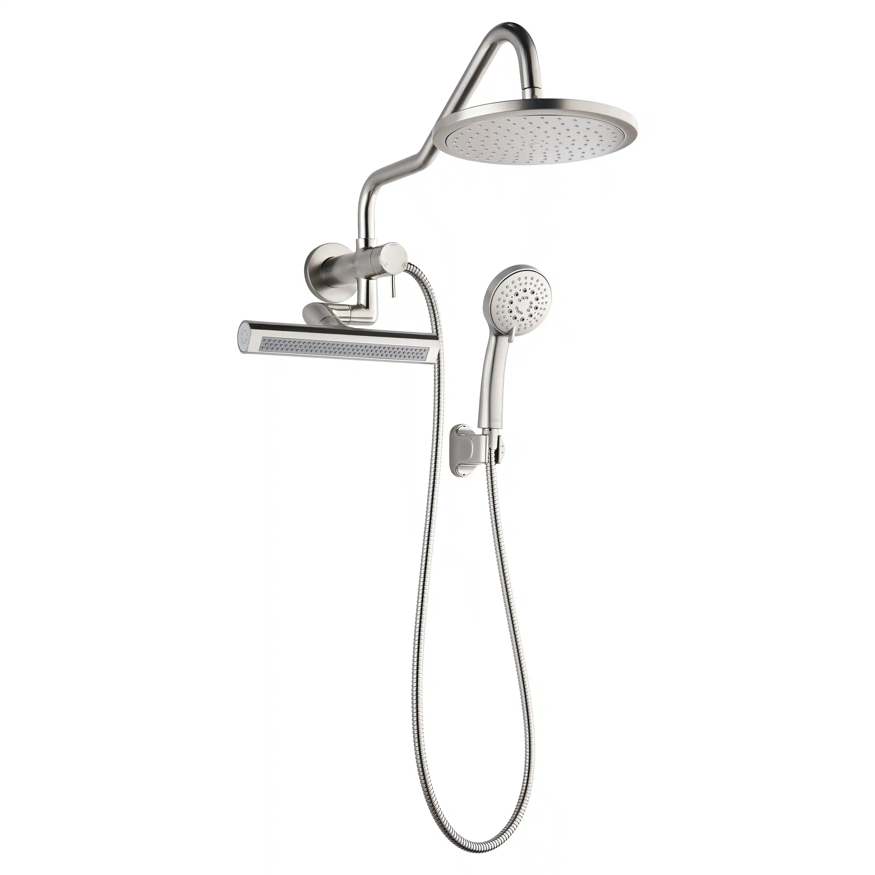 Brushed nickel overhead rainfall shower head with handheld sprayer and hose