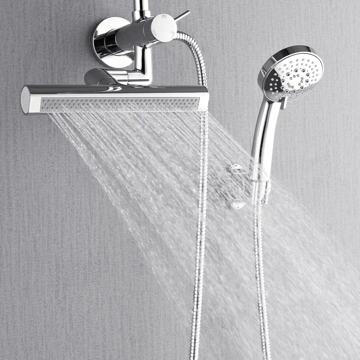 Polished stainless steel rainfall shower head with water spray and handheld sprayer outlet