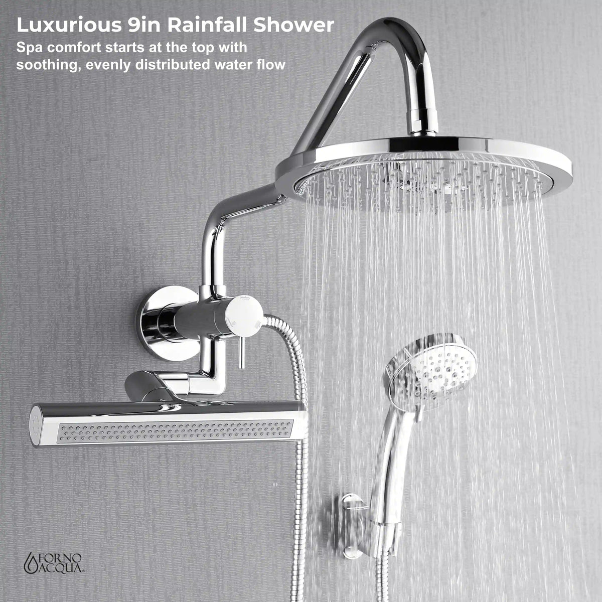 Overhead rainfall shower with handheld sprayer and wall diverter controls, polished steel