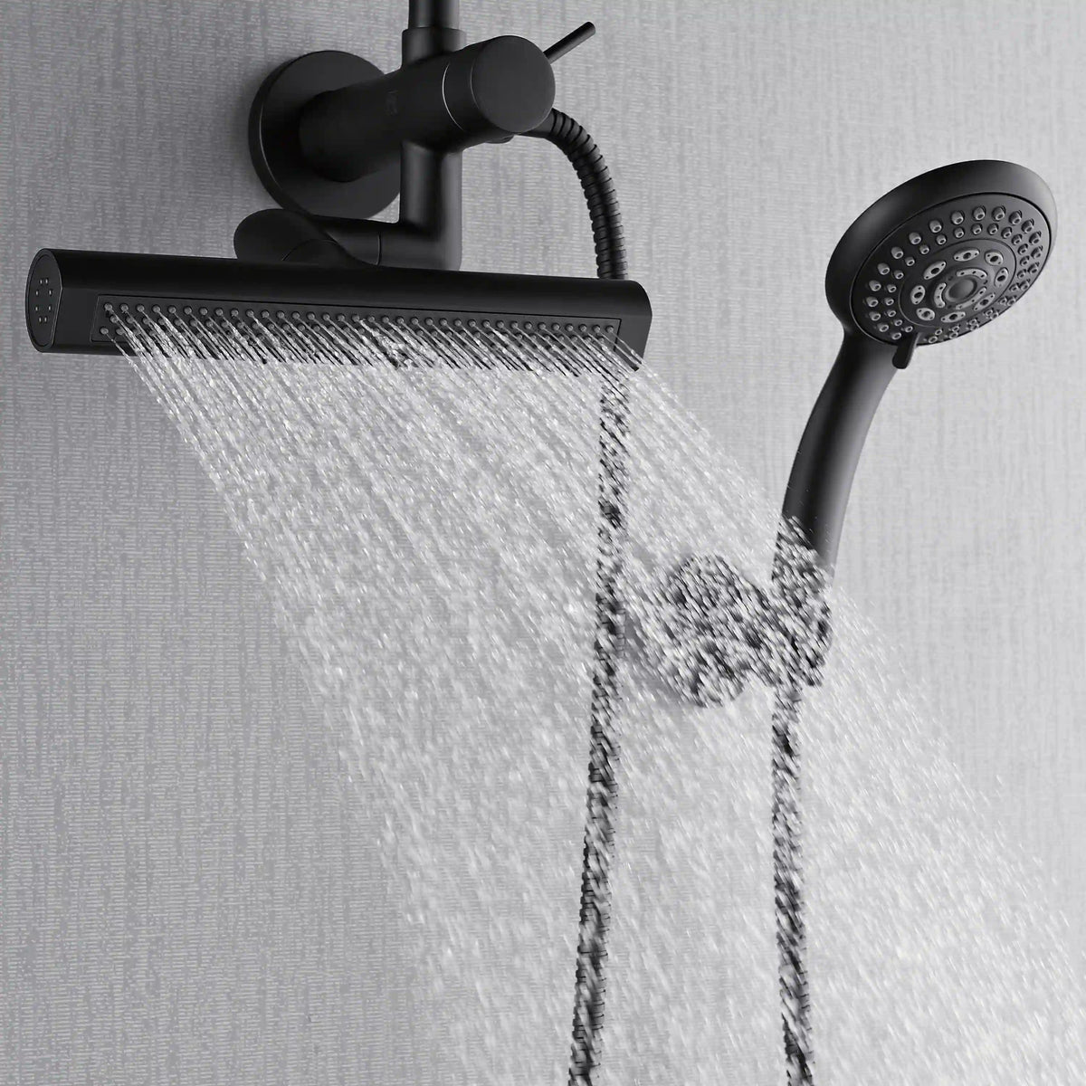 Matte black shower head with steady overhead rainfall and handheld spray