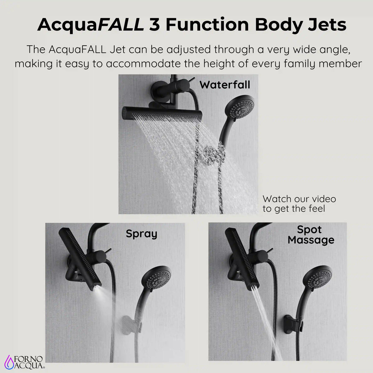 Matte black shower system with overhead rain, handheld, and body jet outlets