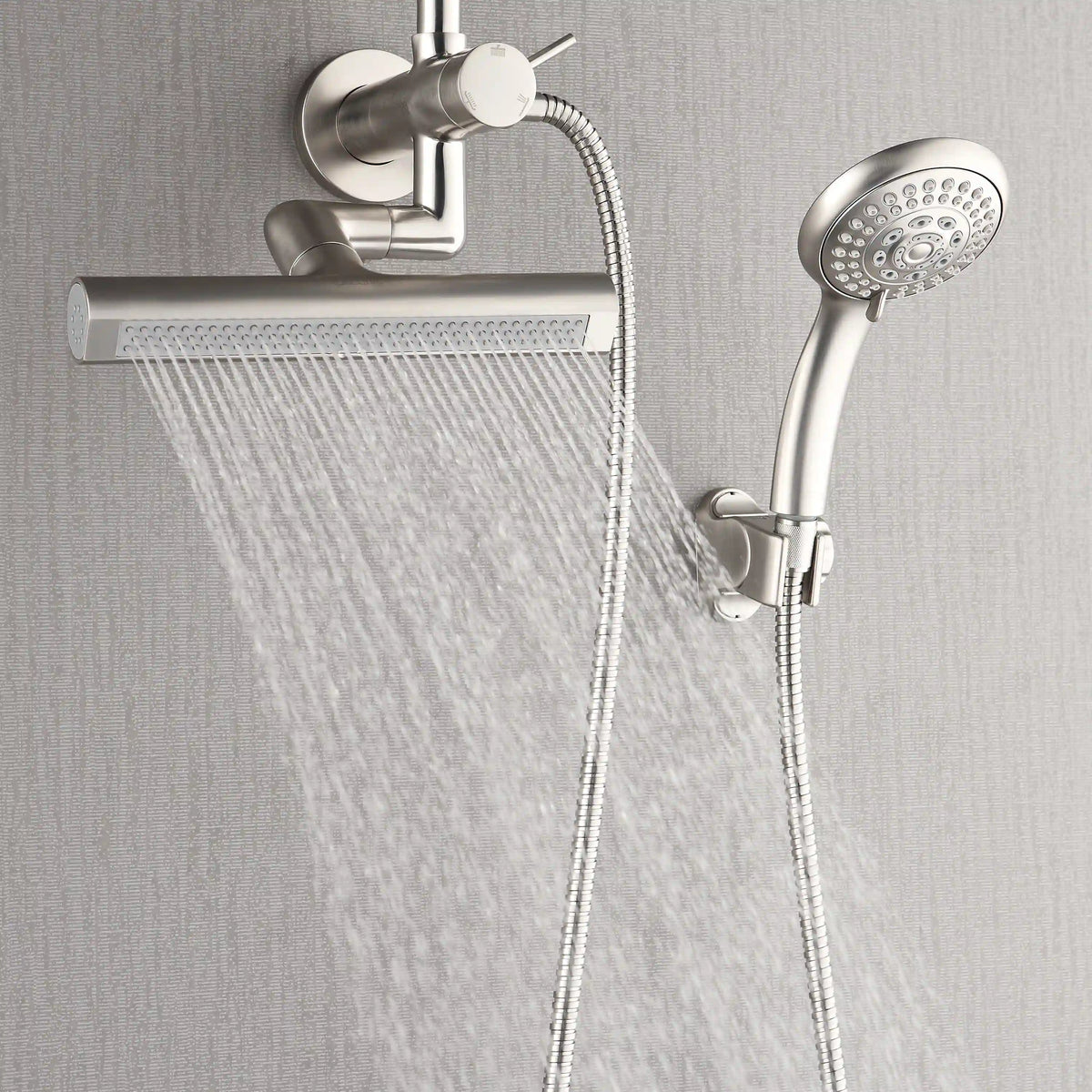 Brushed nickel shower set with overhead rainfall head, handheld sprayer, and hose