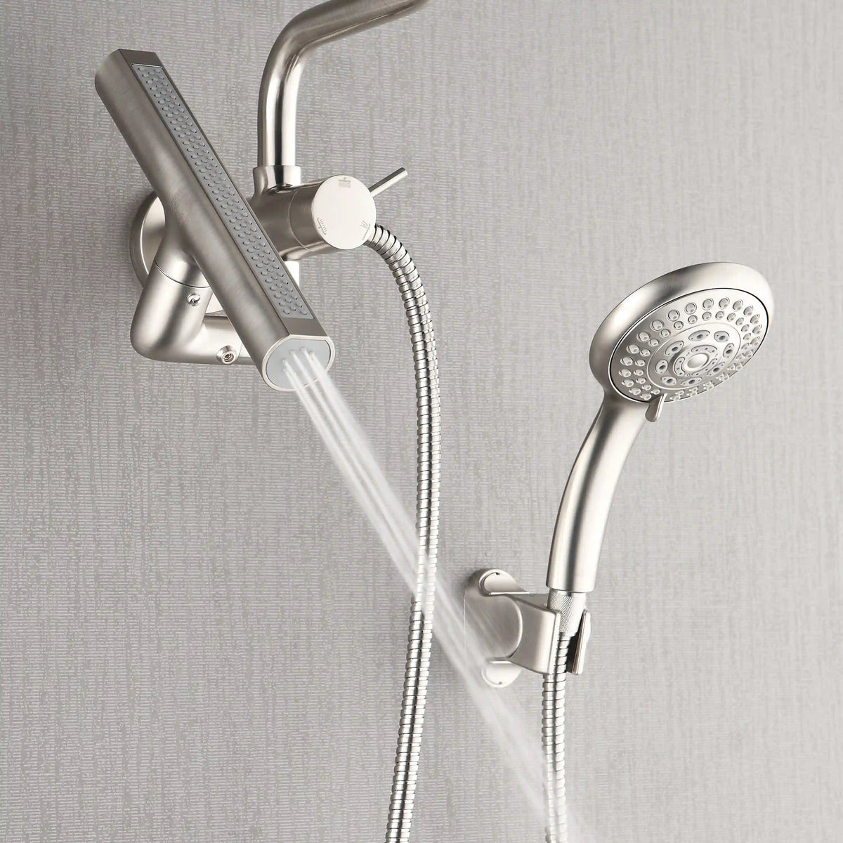 Brushed nickel shower set with angled rainfall head, handheld sprayer, and hose