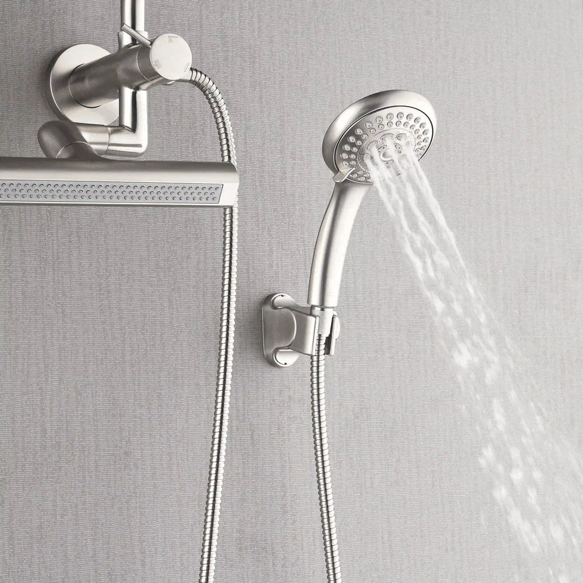 Overhead rainfall shower head with handheld sprayer and flexible hose in brushed nickel
