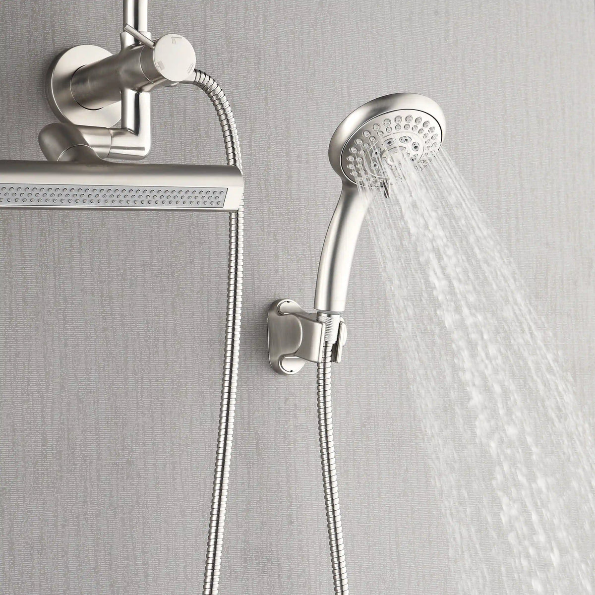 Brushed nickel handheld sprayer with hose and wall mount, with rainfall showerhead