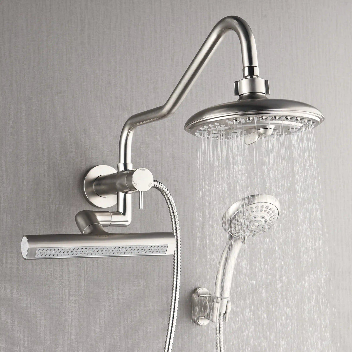 Overhead rainfall shower head and handheld sprayer with hose and brushed nickel body jets