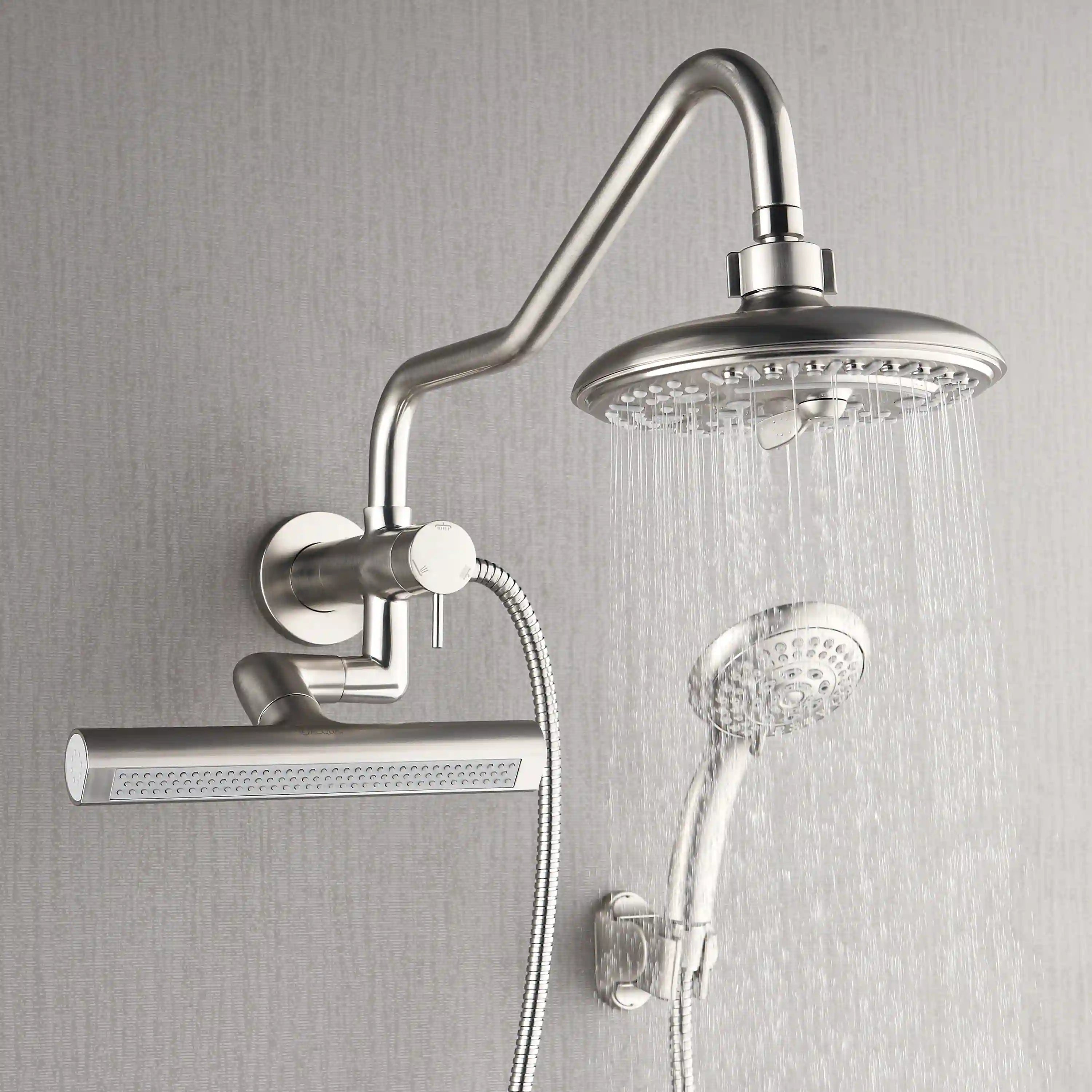 Brushed nickel overhead rainfall shower head and handheld sprayer with water streaming