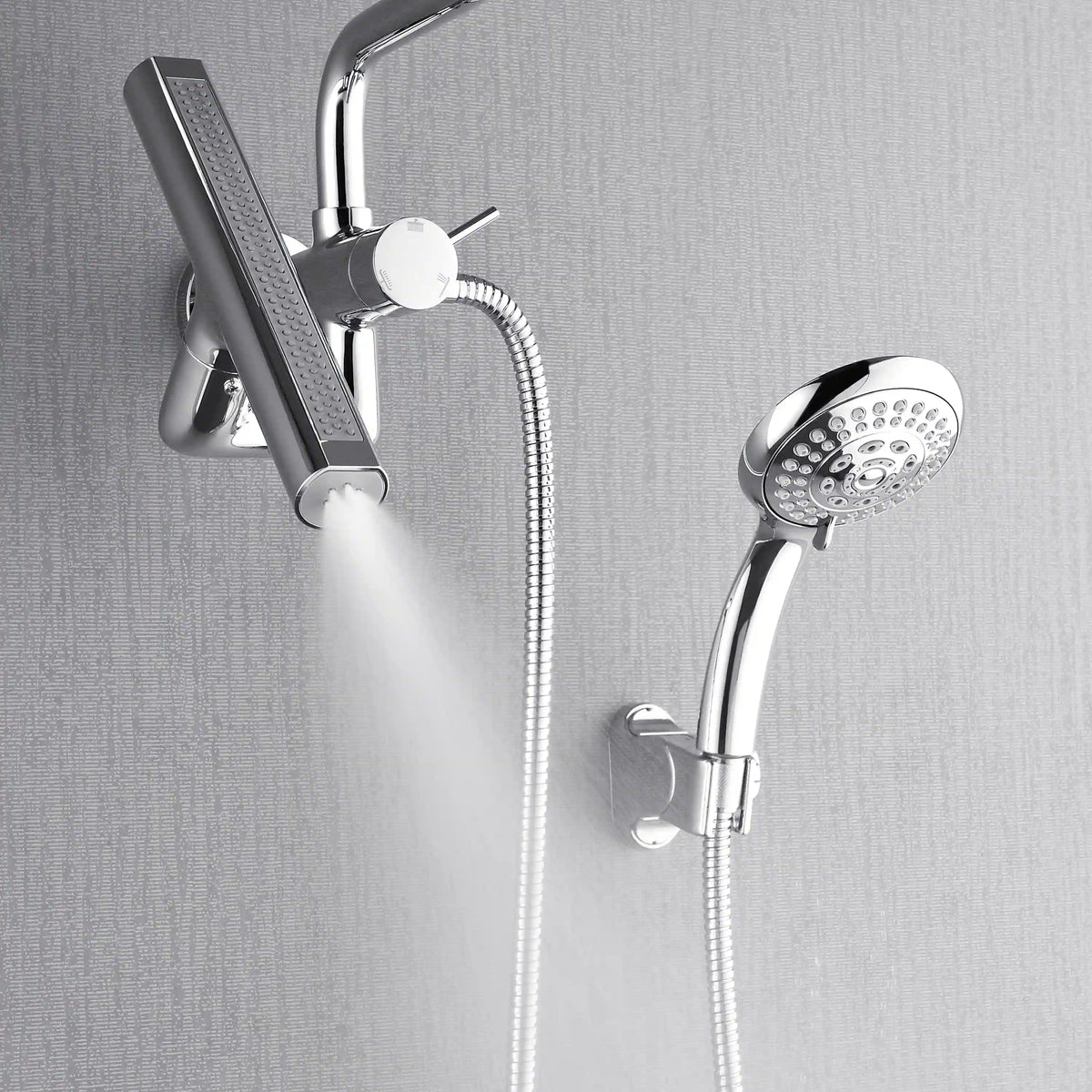Wall-mounted shower with rain bar panel and handheld sprayer on a flexible hose