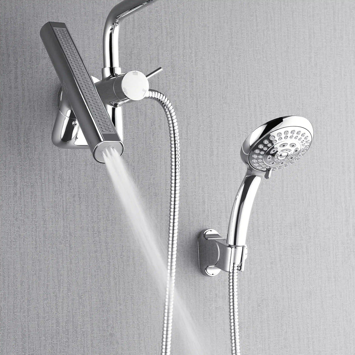 Wall-mounted shower with overhead rain panel and handheld sprayer, chrome finish