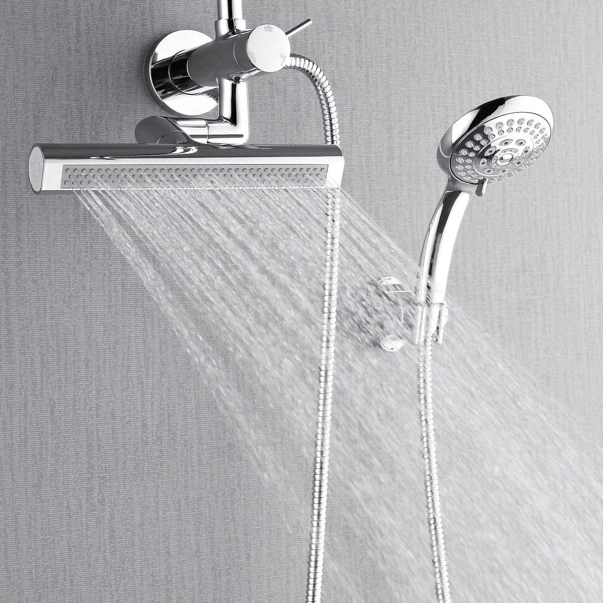 Polished stainless rain shower head with adjustable body jets and handheld sprayer