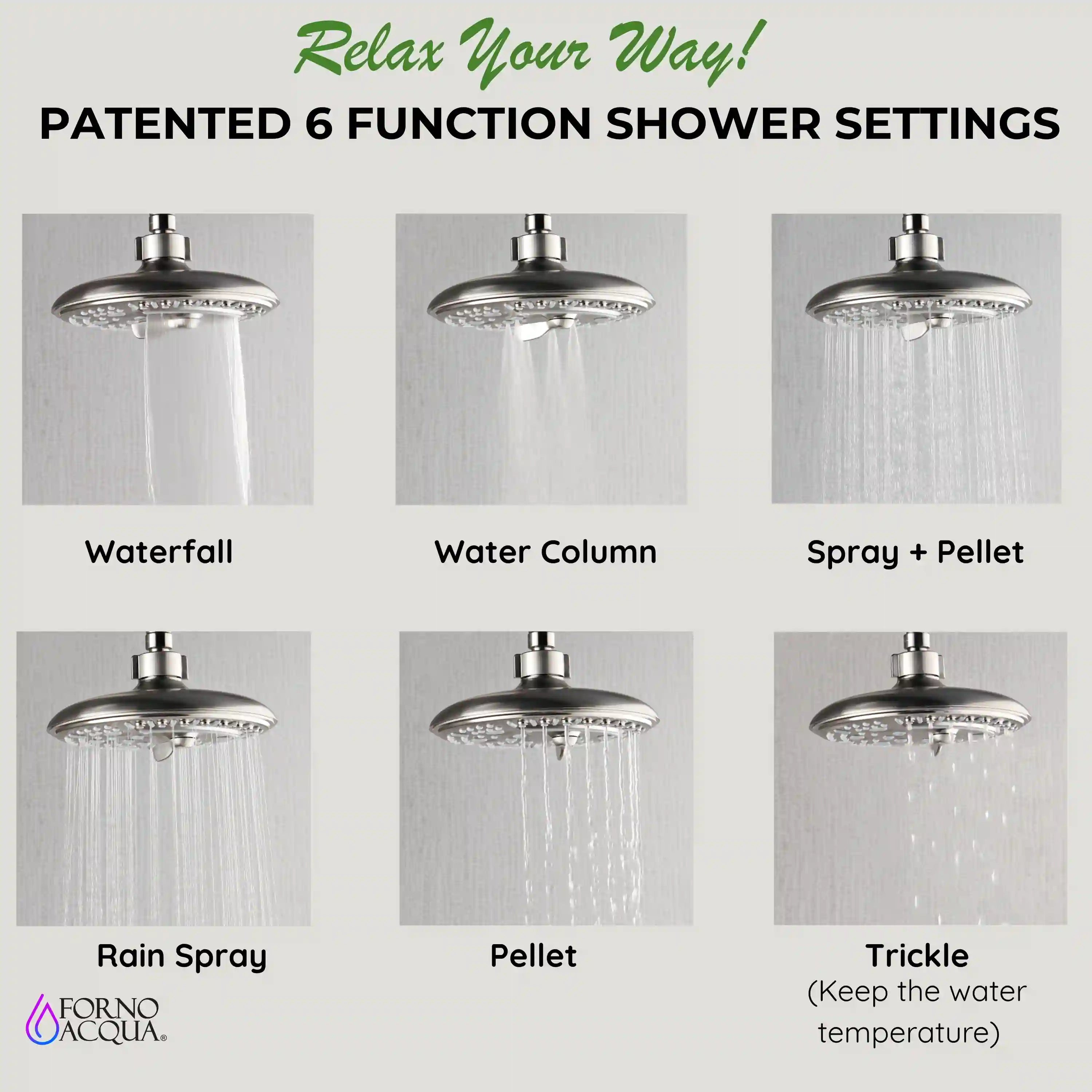 Brushed nickel overhead shower head with different spray patterns: waterfall, rain, trickle