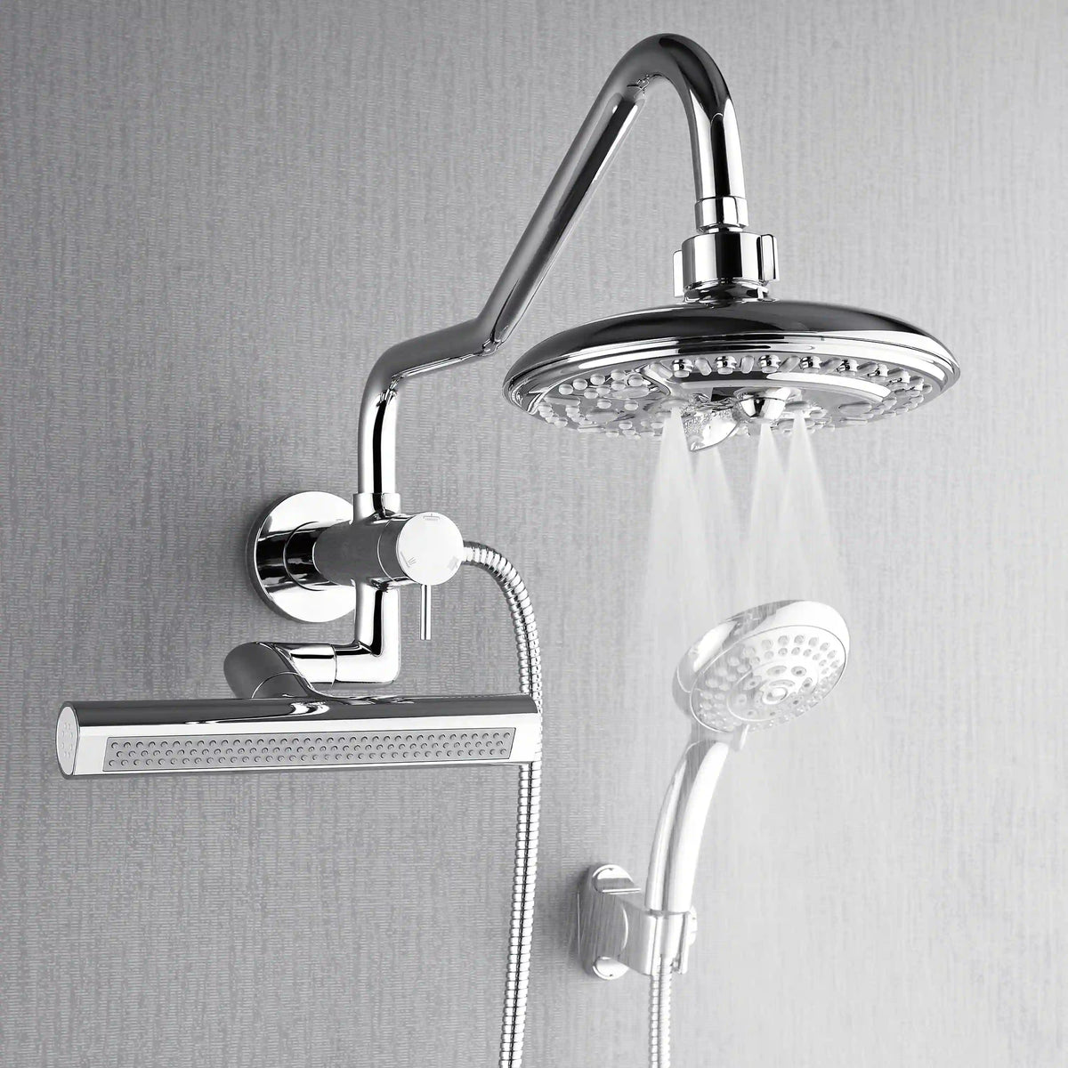 Polished stainless overhead rain head with water spray and handheld sprayer with hose