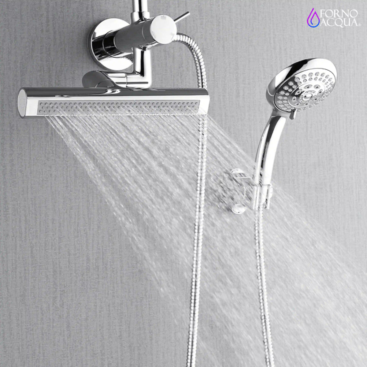 Stainless rain shower and handheld sprayer with flowing water, polished finish