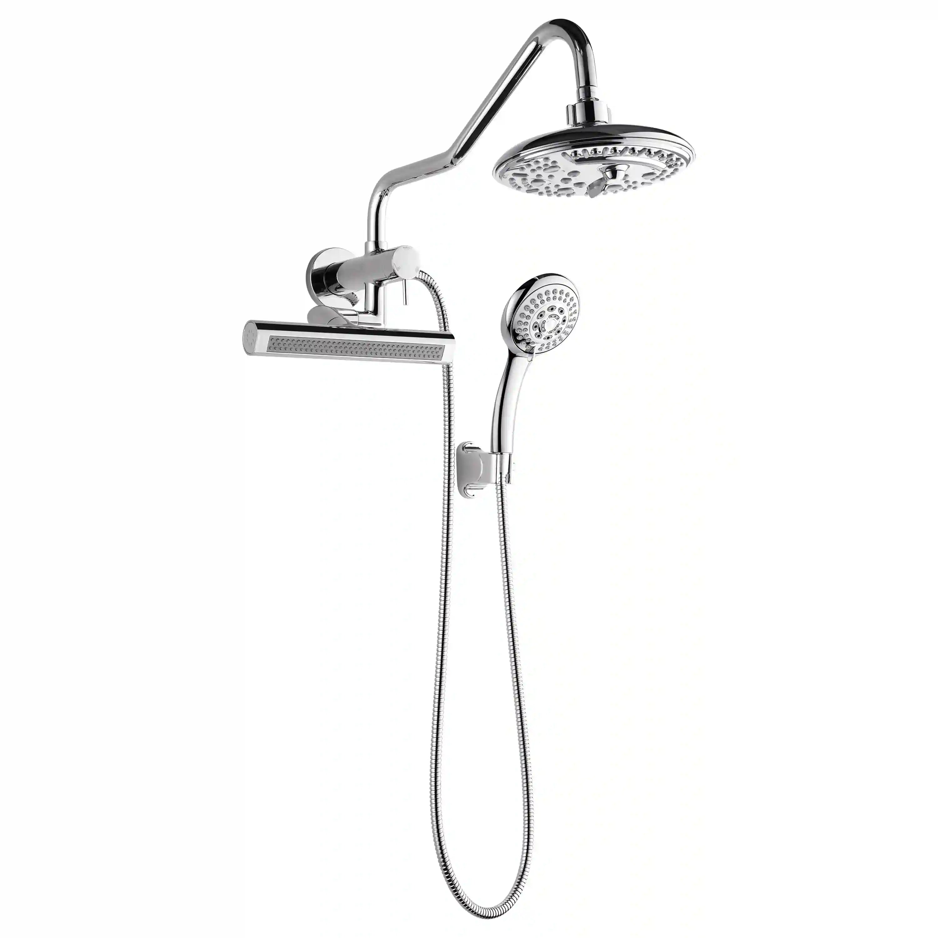 Polished stainless shower head set with overhead rain head, handheld sprayer, and hose