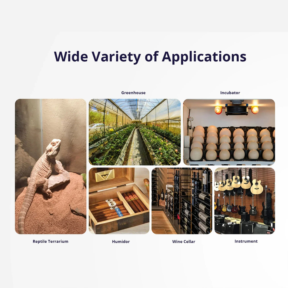 White LCD smart temperature and humidity sensor used across multiple application scenes