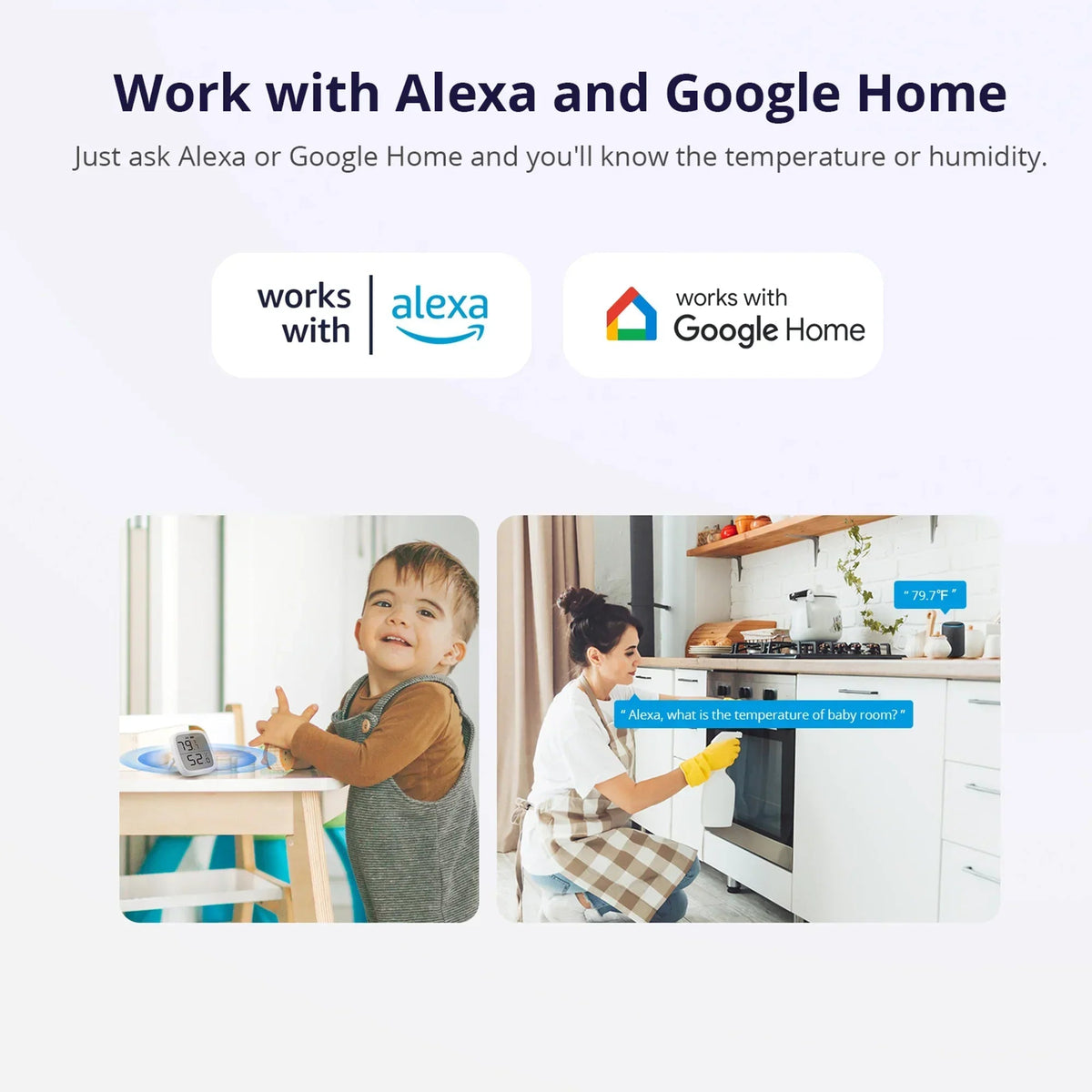 White LCD smart temperature and humidity sensor with voice assistant compatibility shown