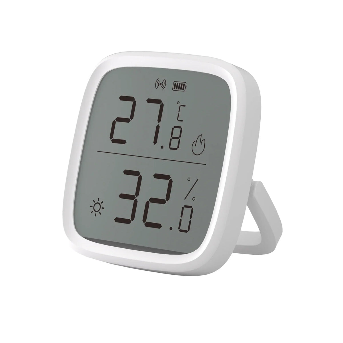 White LCD temperature and humidity sensor with large numeric display, front angled view