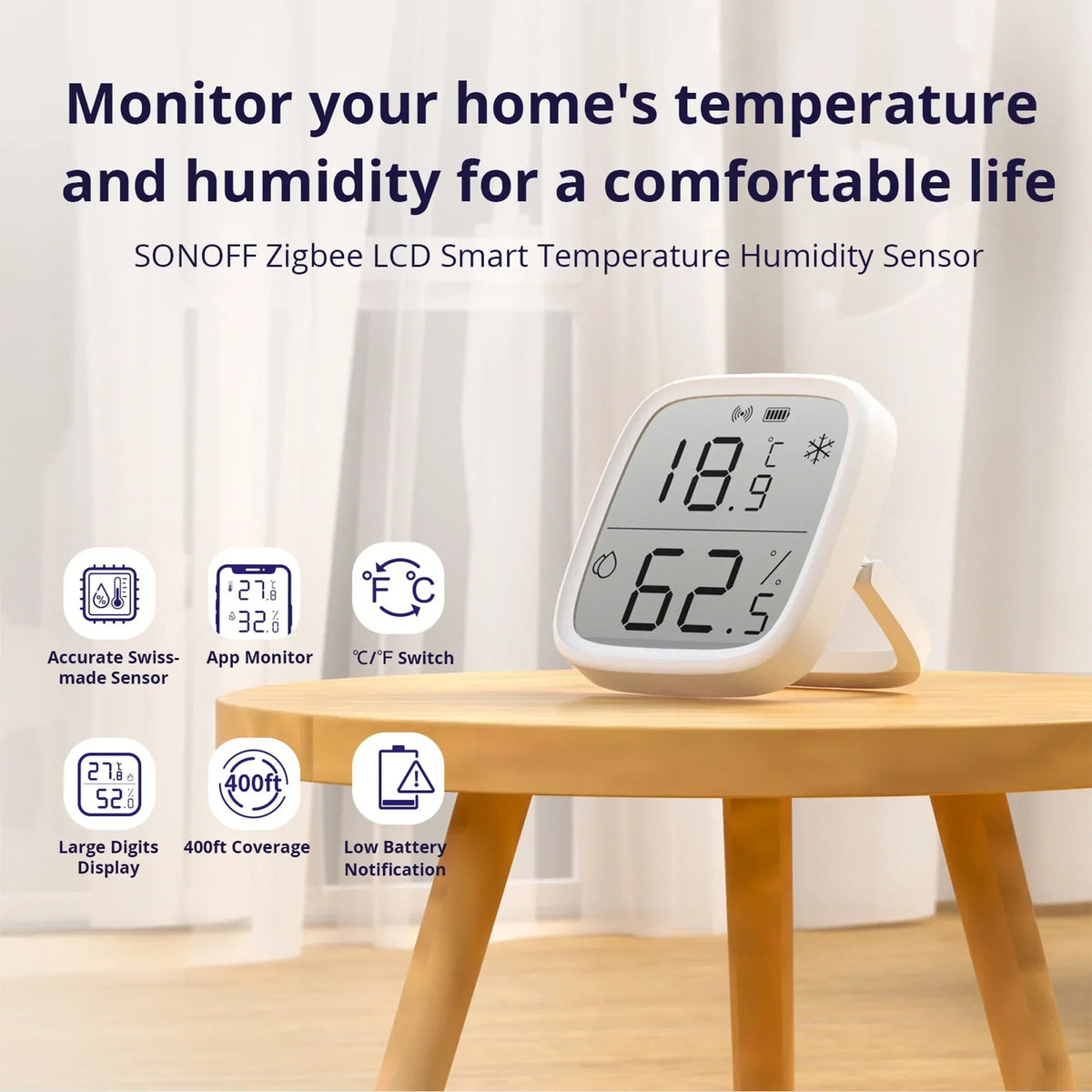 White LCD temperature and humidity sensor standing with clear temperature and humidity readouts