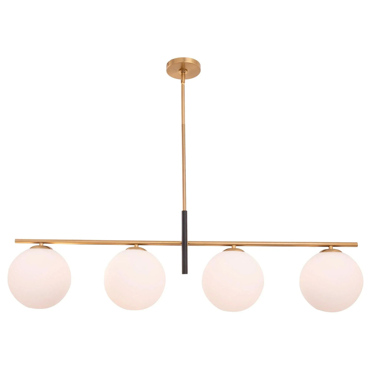 Gold linear 4-light chandelier with four white glass globe shades and dark center detail