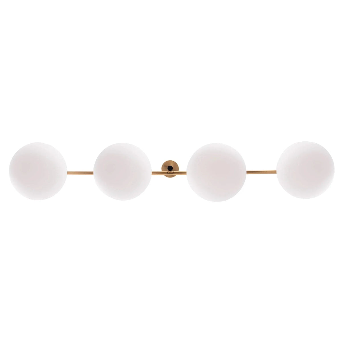 Gold linear 4-light chandelier close-up: four white glass globe shades on a bar mount