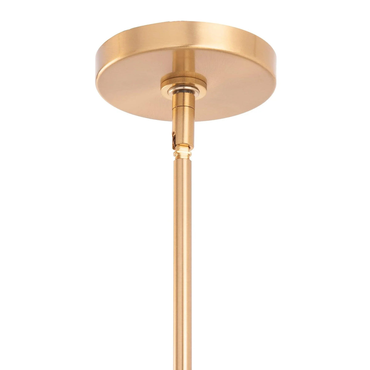 Gold linear 4-light chandelier with round canopy, tall stem, and white glass globe shades