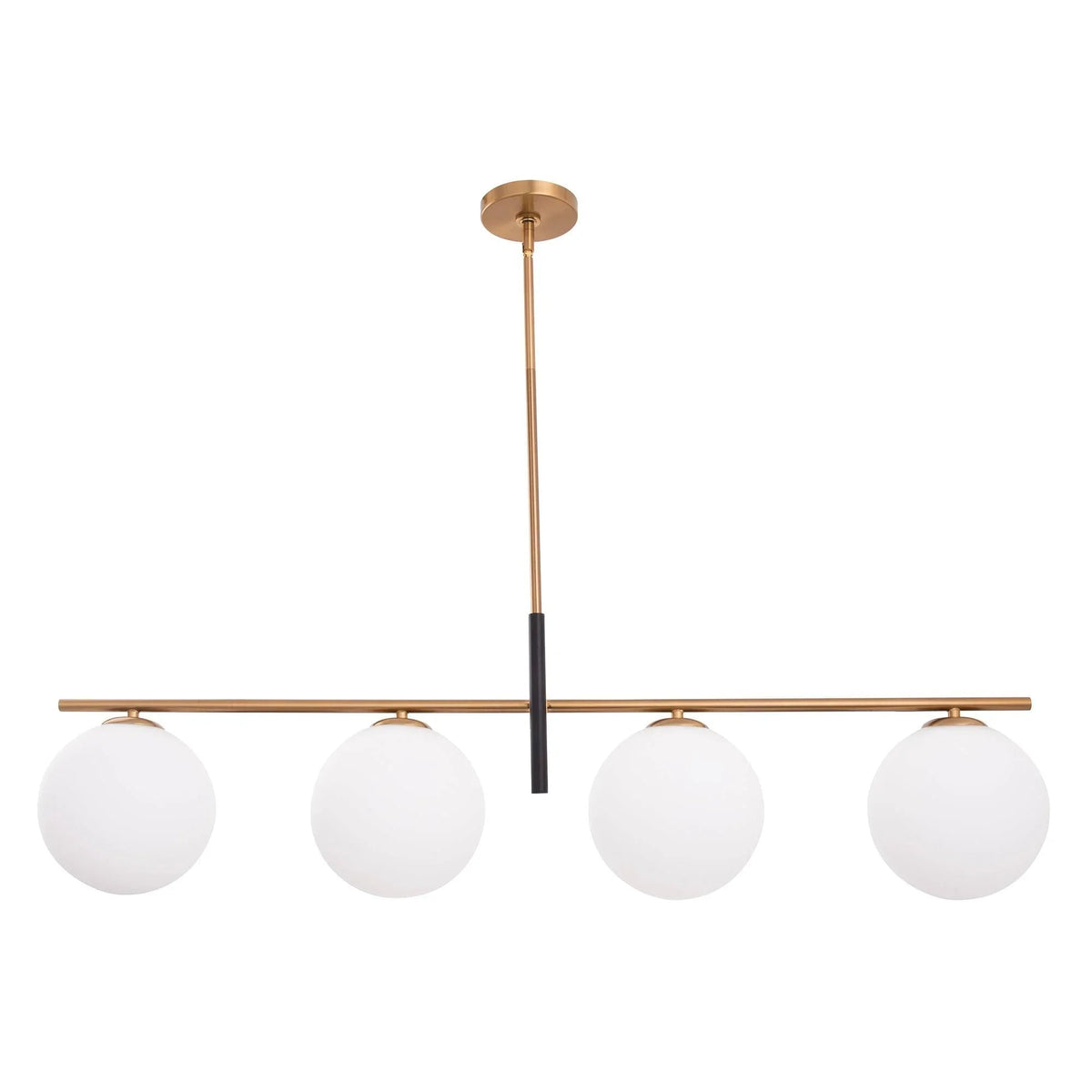 Gold linear 4-light chandelier bar with four white glass globes and a dark central rod