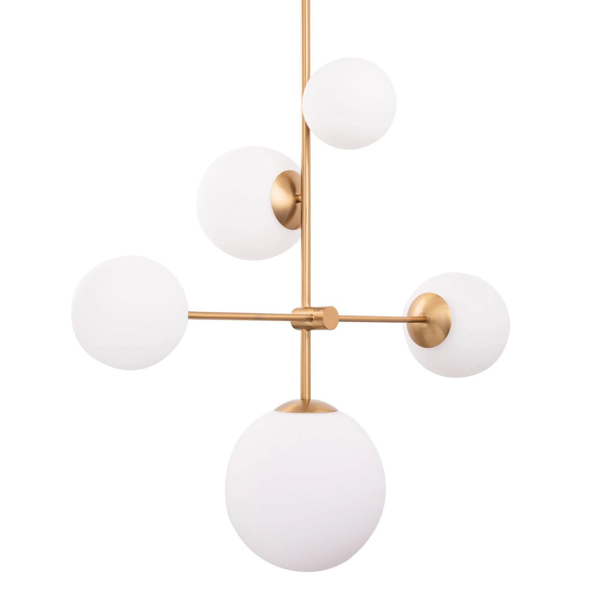Modern 5-light chandelier with golden frame and five white globe shades