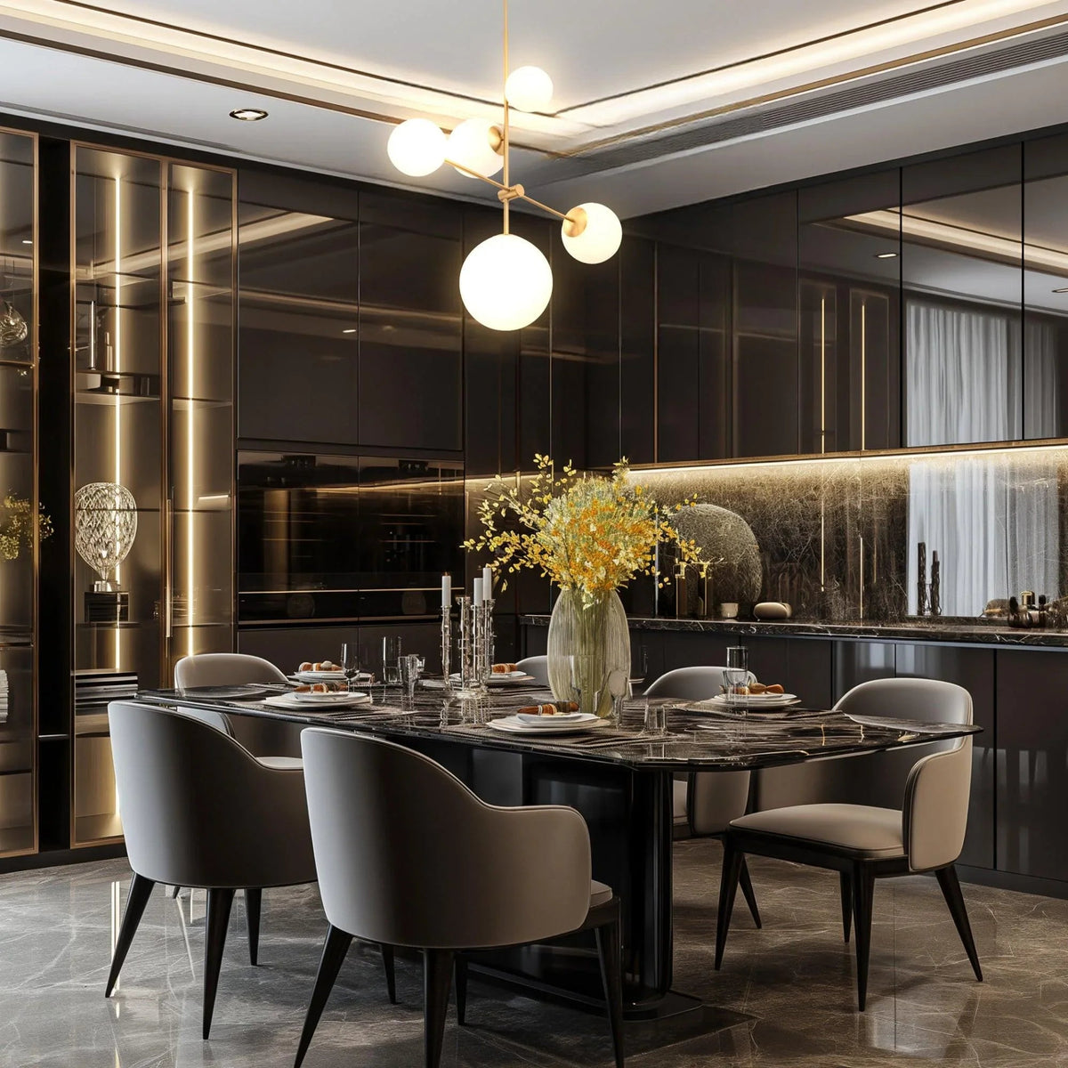 Golden 5-light chandelier with white globe shades over dining table
