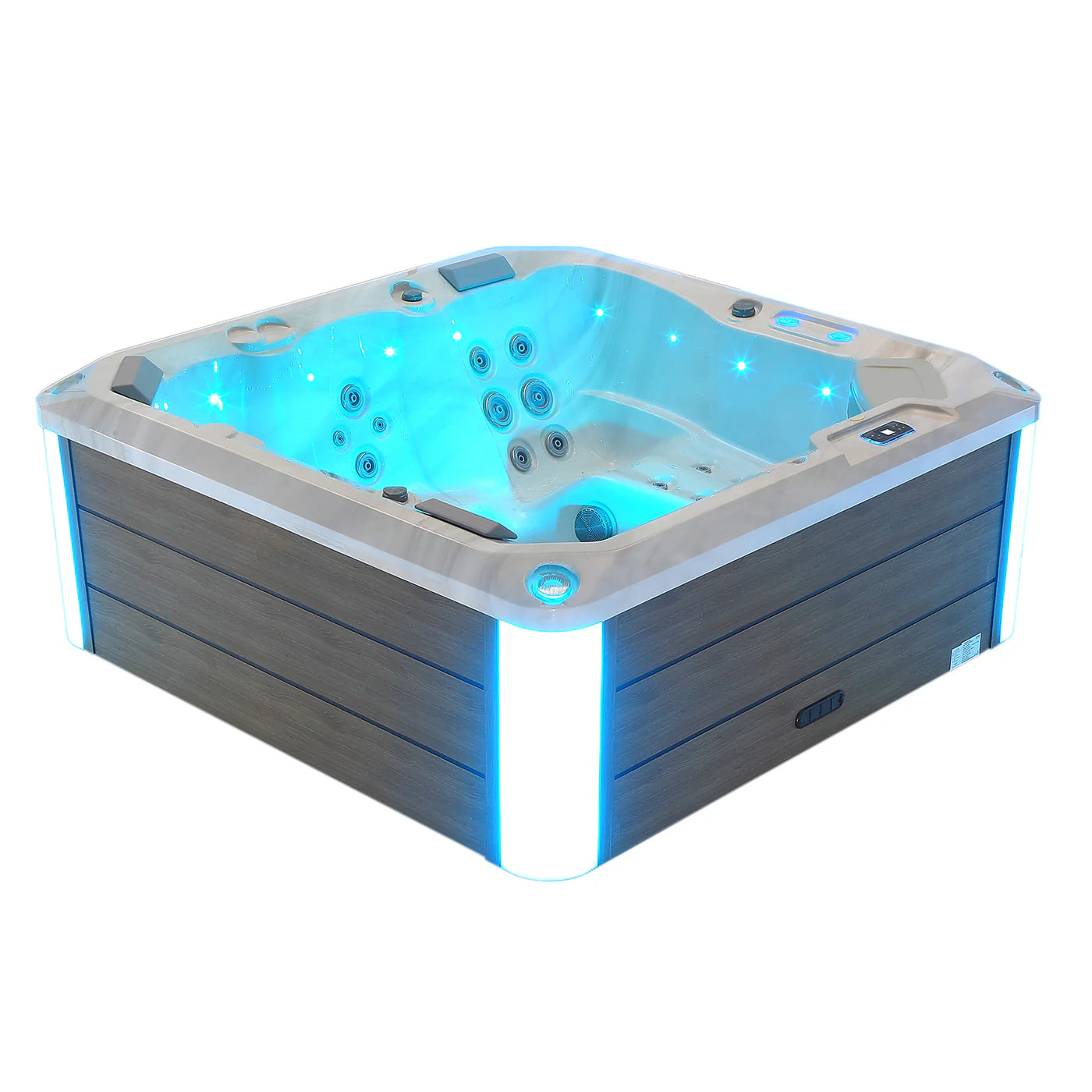 Square outdoor hot tub with blue-lit water and LED accents, gray wood cabinet, white frame
