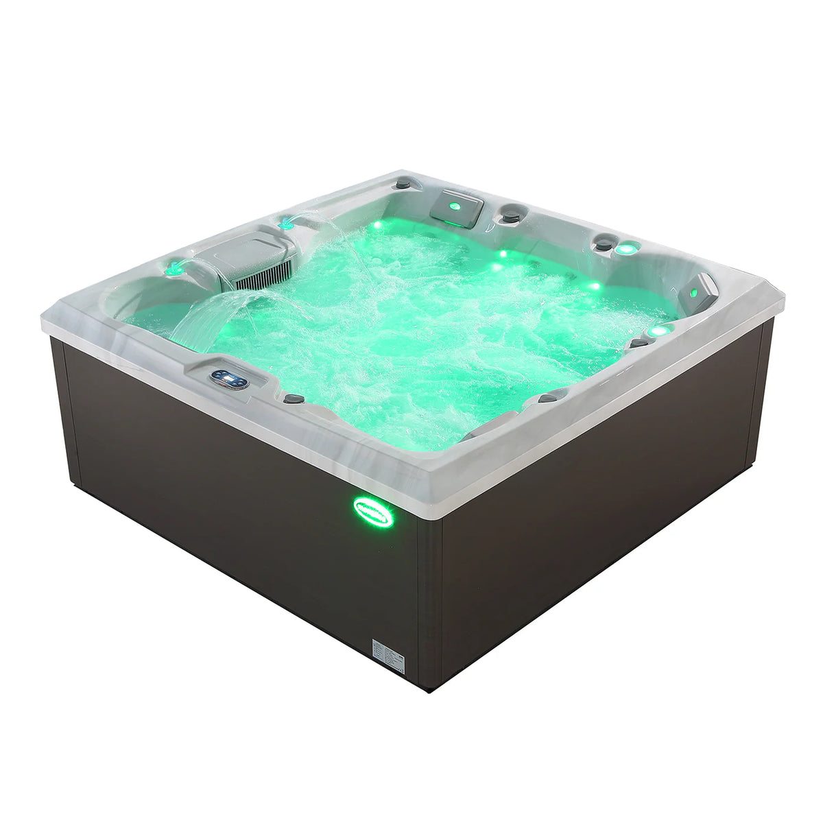 Square outdoor hot tub with green water, clear cover edge, and glowing control light