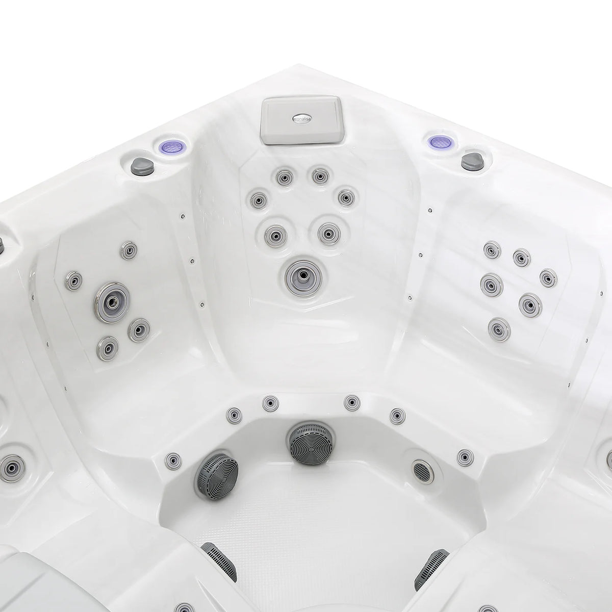 Square hot tub interior with multiple whirlpool jets and headrest seating area