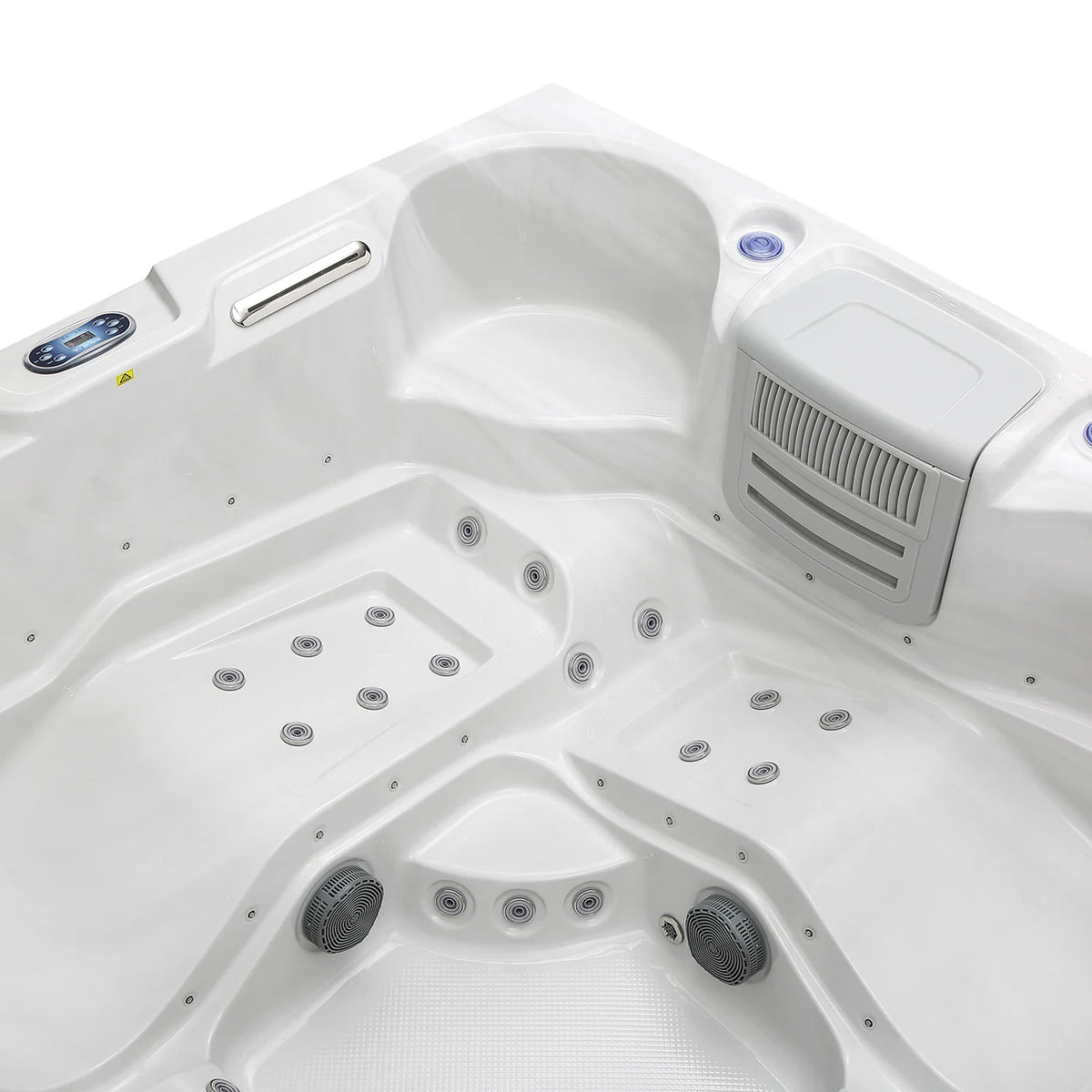 Square hot tub interior corner with whirlpool jets and built-in air vent panel