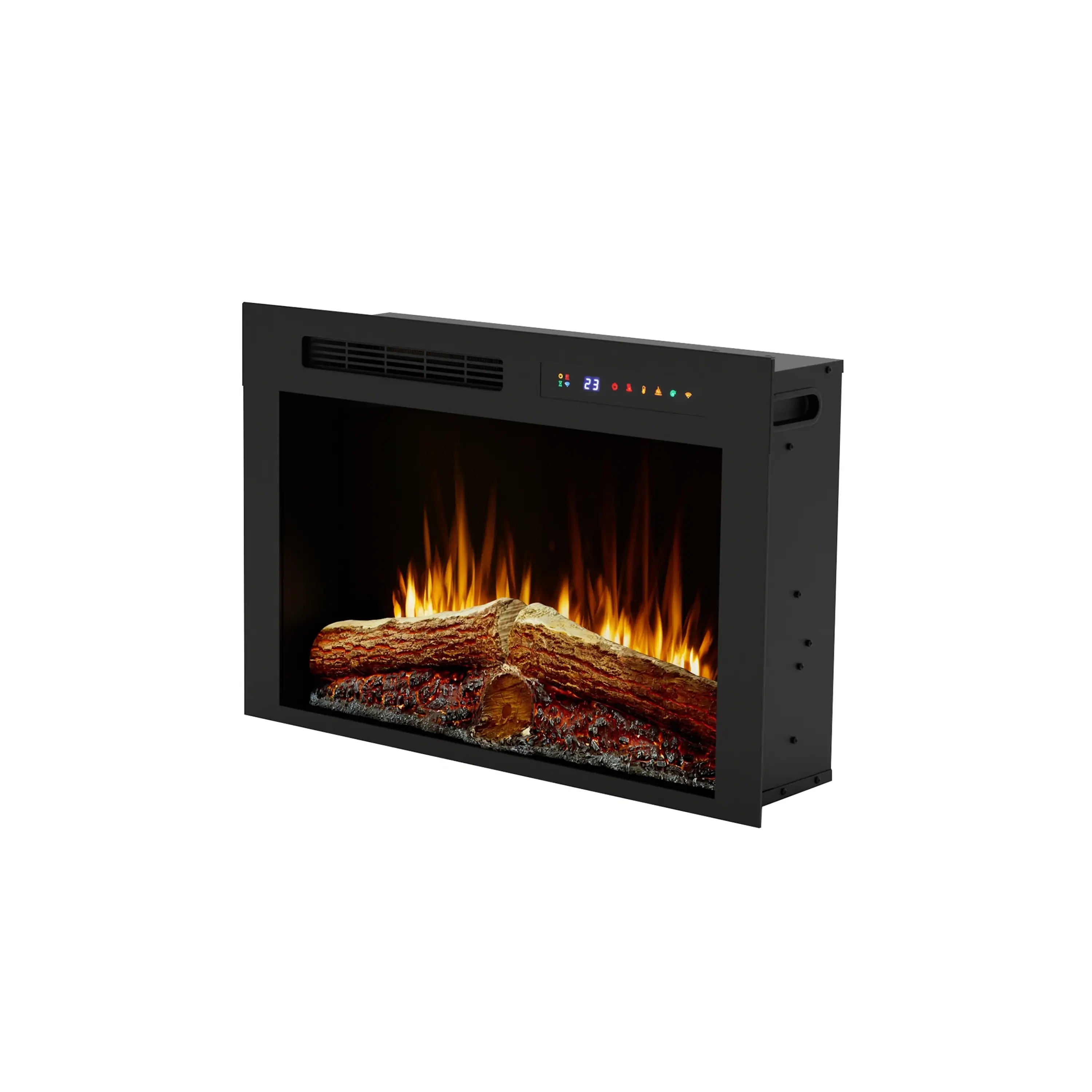 Black built-in electric firebox with glowing flames and faux log bed