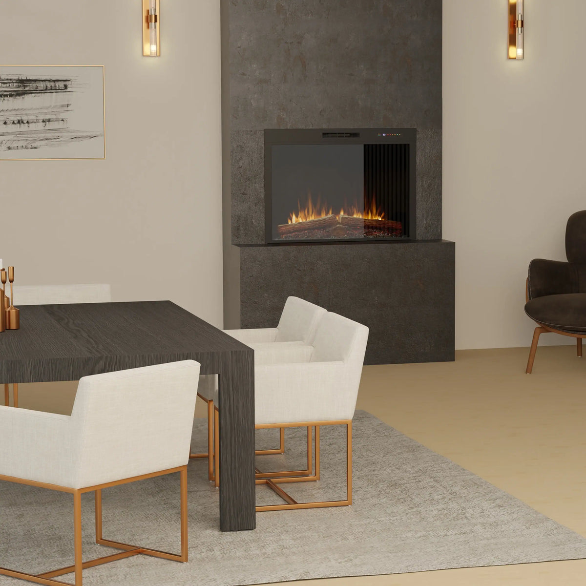 Built-in electric firebox in a dark stone wall with orange flame and logs