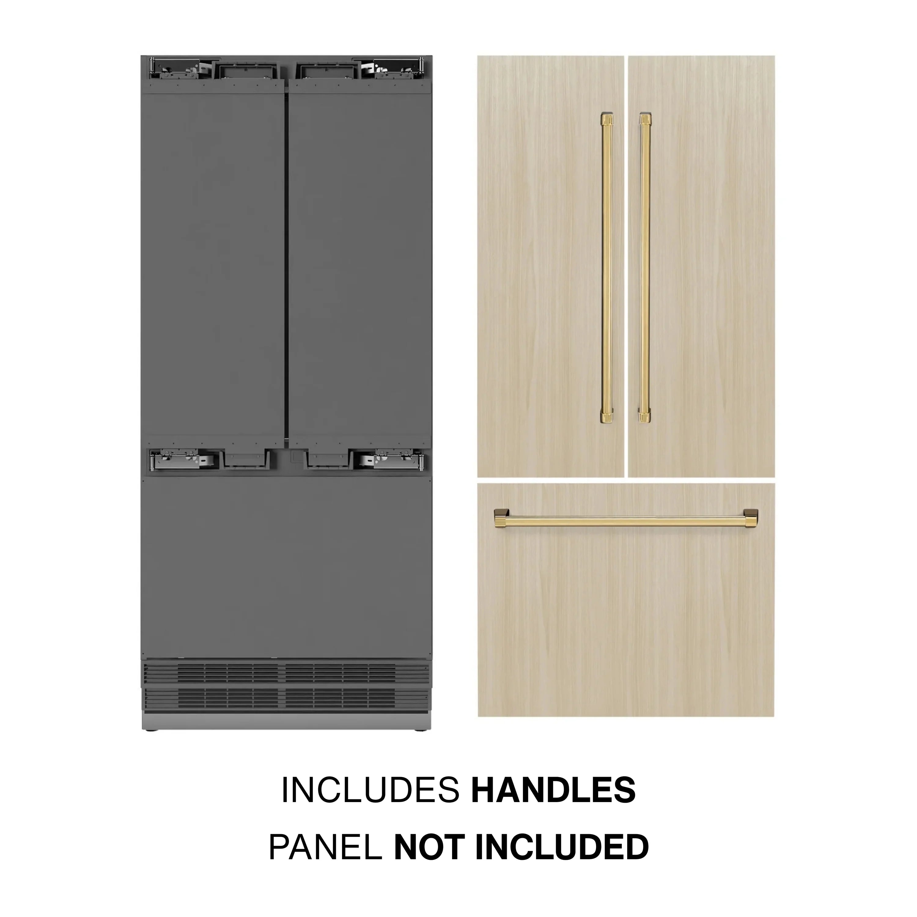 Built-in bottom freezer refrigerator showing included polished gold handles