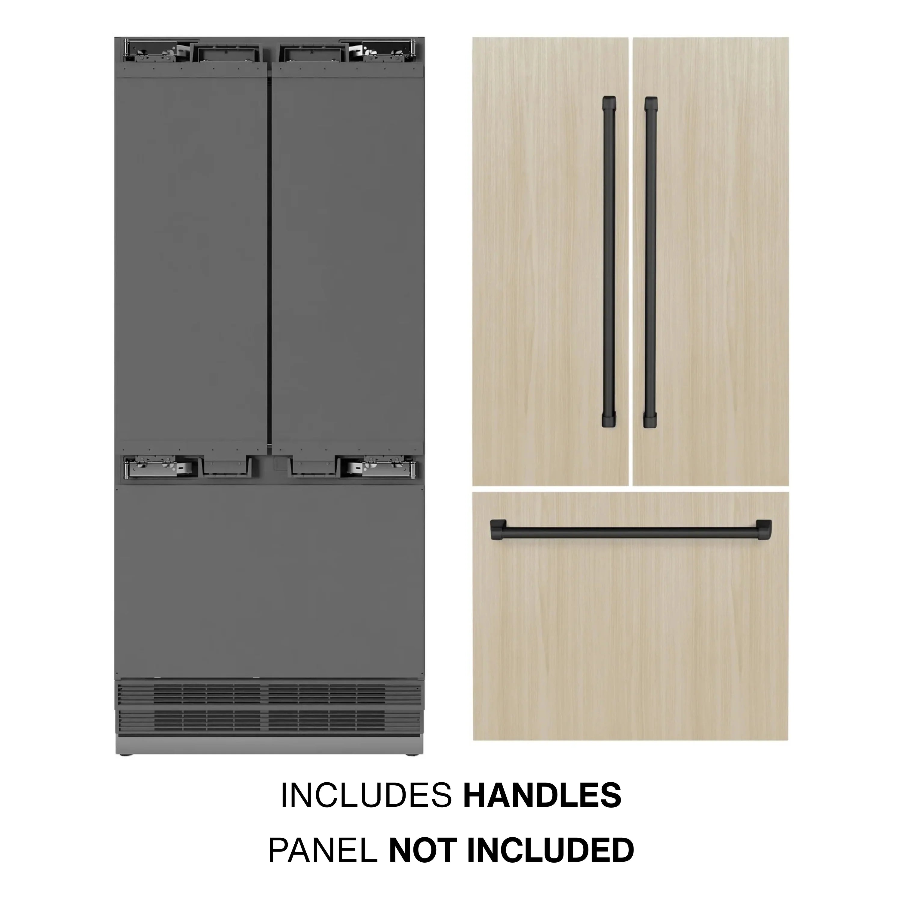 Panel-ready bottom freezer refrigerator with French doors, matte black bar handles