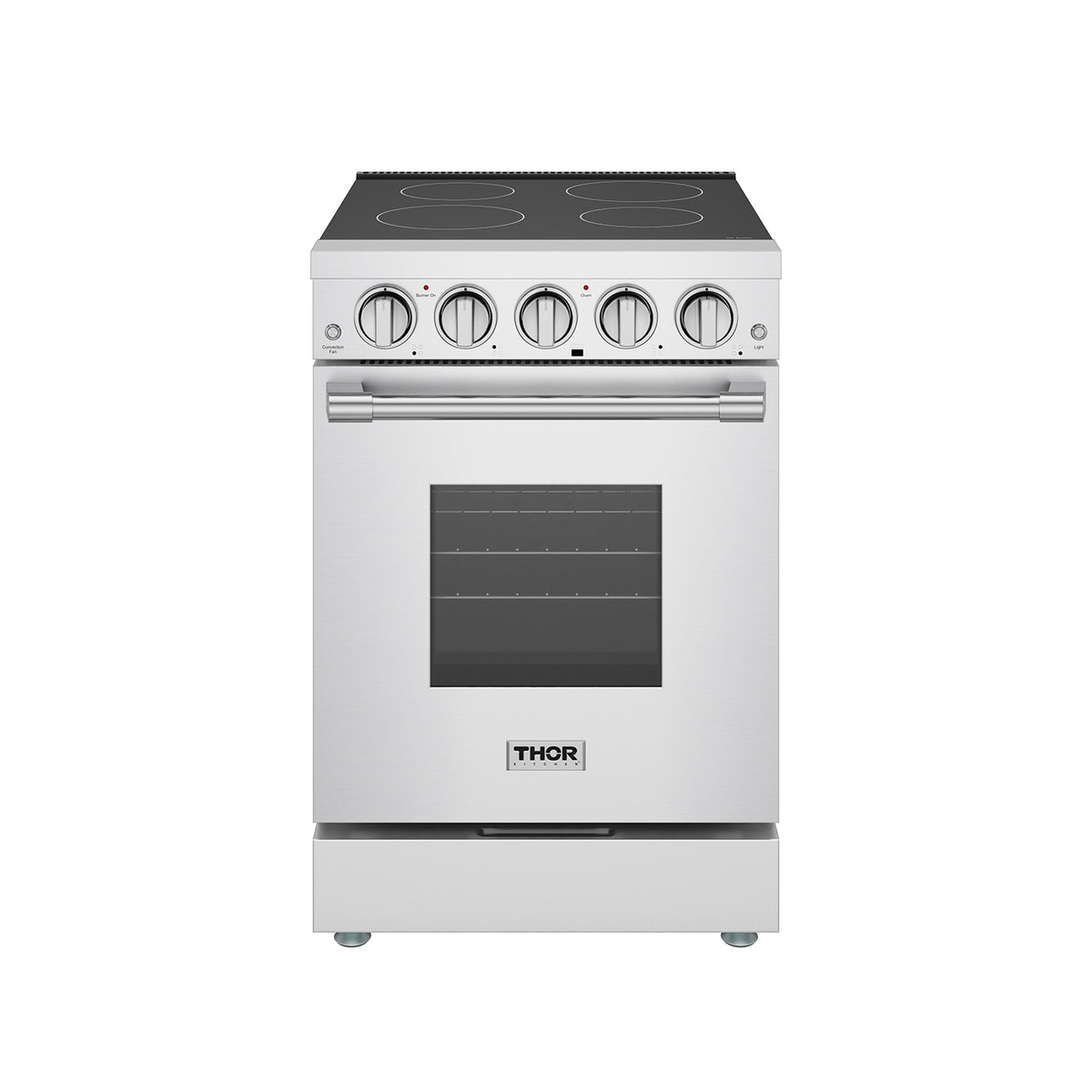 24-inch stainless steel electric range front view with oven window and metal knobs