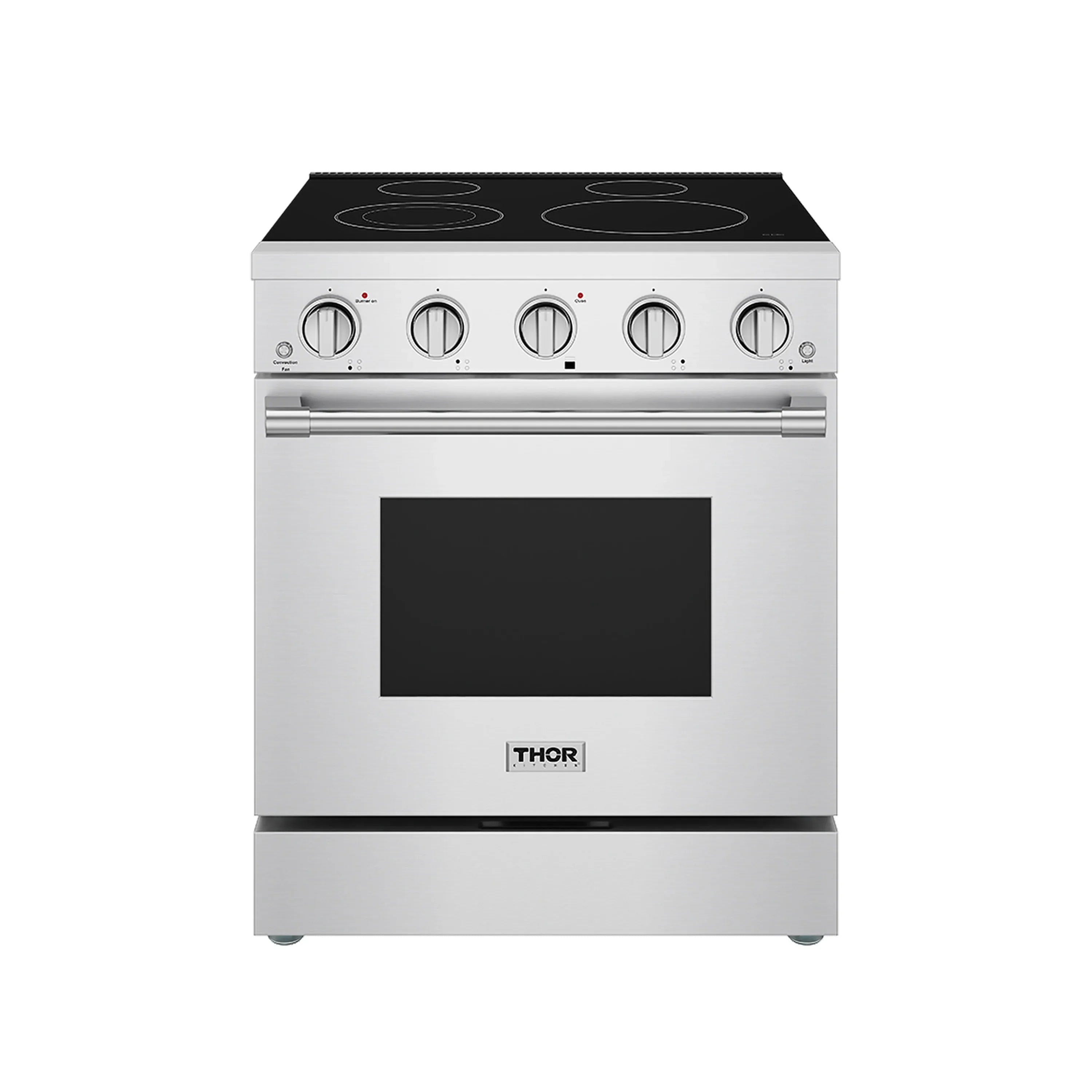 Stainless steel electric range with black glass cooktop and viewing window