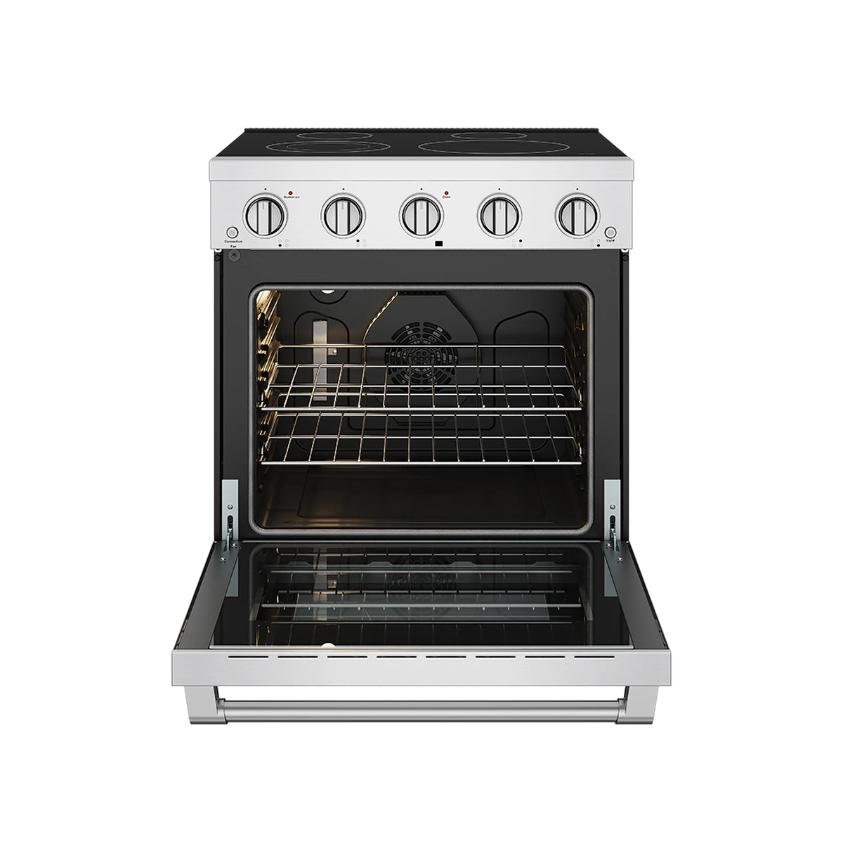 Stainless electric range with oven door open, showing interior racks and heating elements