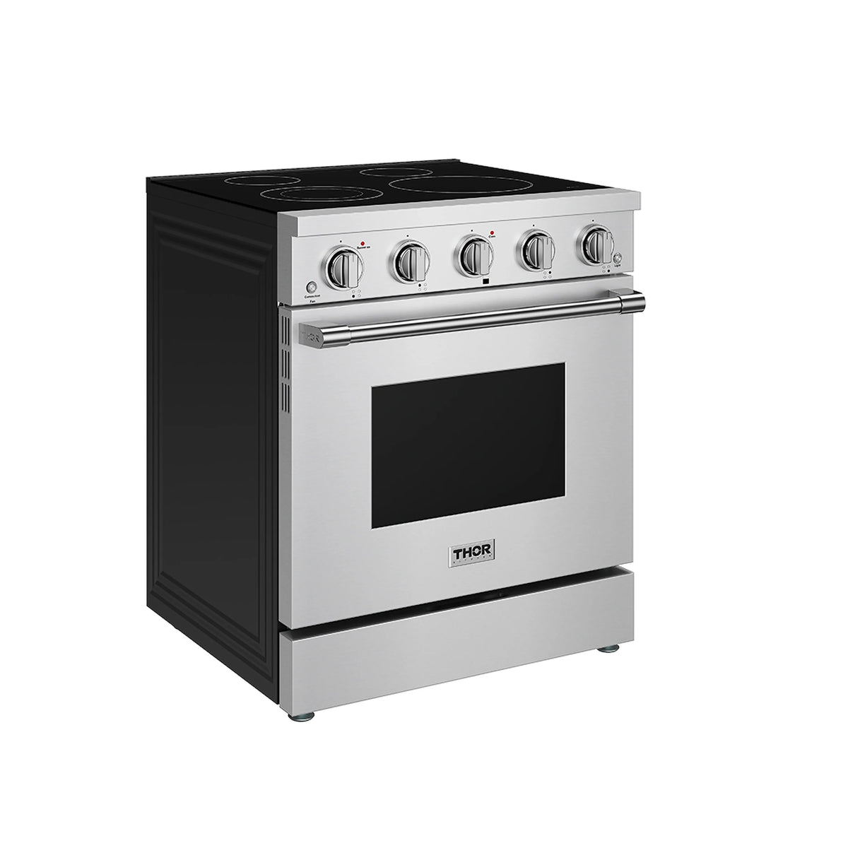 Stainless electric range with black cooktop, five knobs, and oven window on closed door